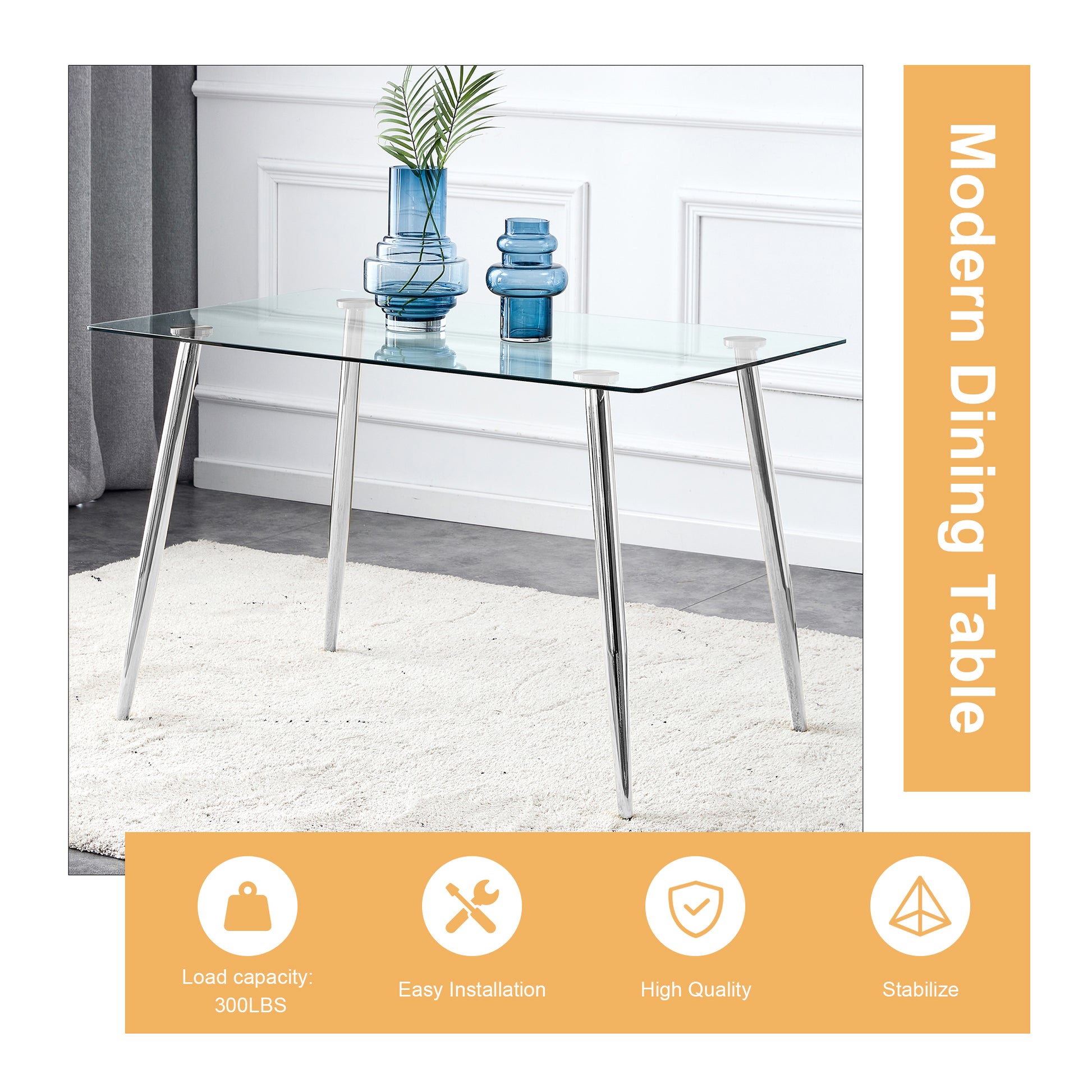 Table And Chair Set.Rectangular Dining Table With Tempered Glass Tabletop And Silver Plating Metal Legs.Paired With 6 Checkered Armless High Back White Chairs With Electroplated Metal Legs. White Seats 6 Glass Metal