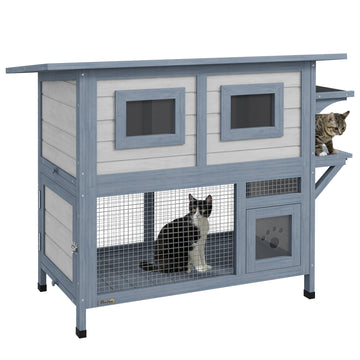 Pawhut Outdoor Cat House, 2 Tier Weatherproof Feral Cat Shelter With Escape Door, Asphalt Roof, Jump Platform, Large Wooden Cat House For Outside, Backyard, Light Gray Light Grey Wood