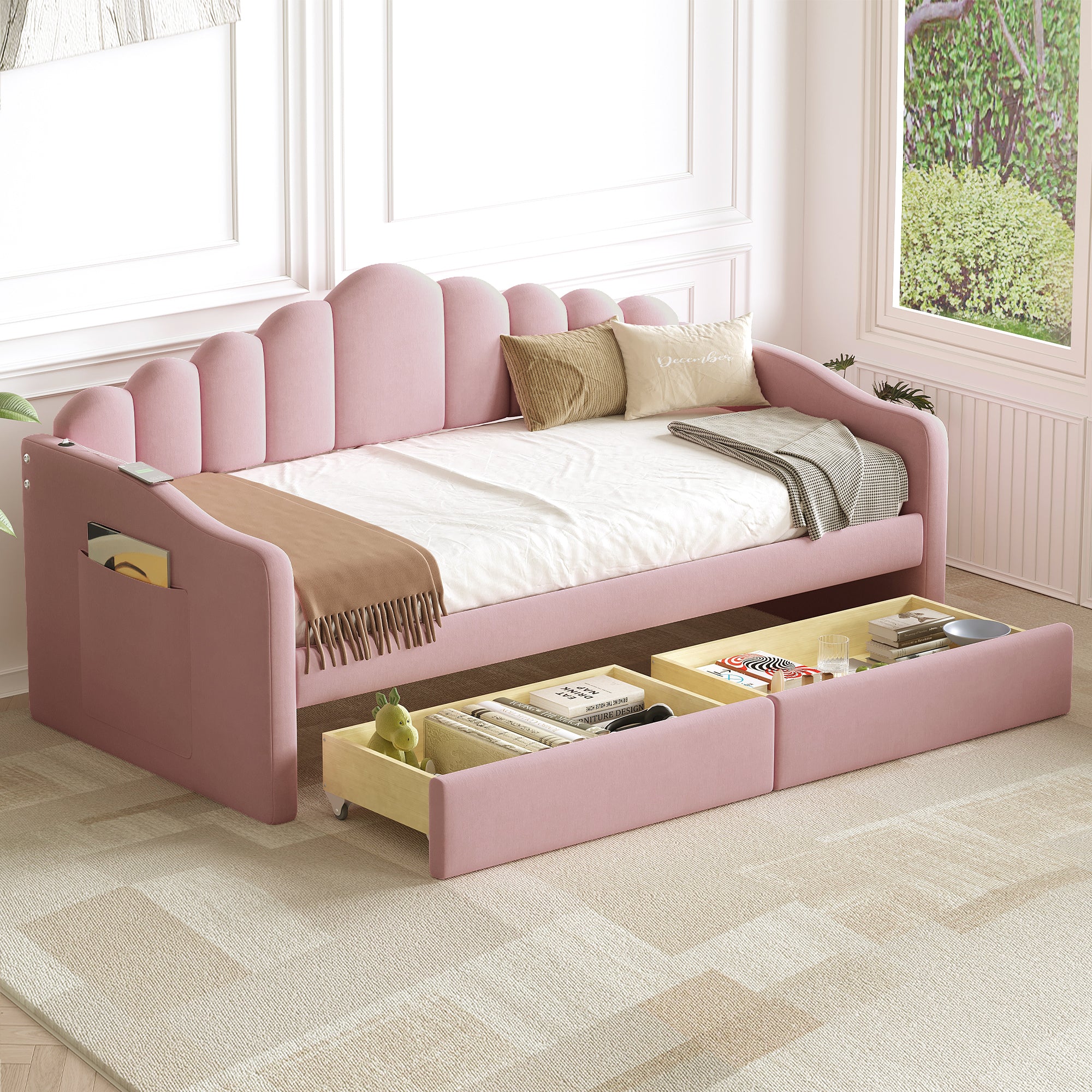 Twin Size Upholstered Daybed With 2 Drawers ,Velvet Sofabed With Usb Charging Ports,No Box Spring Needed,Pink Twin Pink Velvet