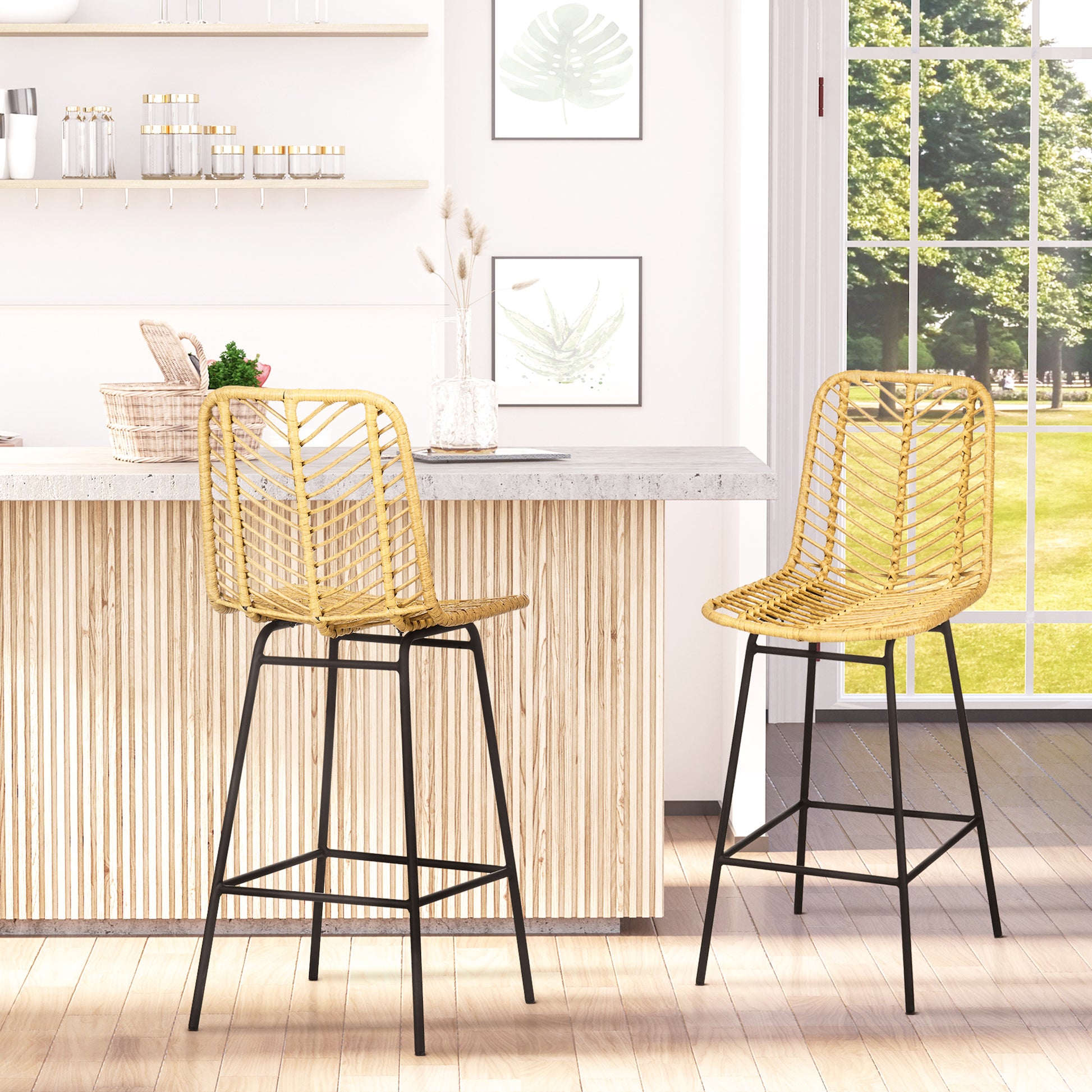 Homcom Rattan Bar Stools Set Of 2, 26" Counter Height Barstools, Boho Kitchen Island Stools Withwicker Seat And Back, Yellow Yellow Steel