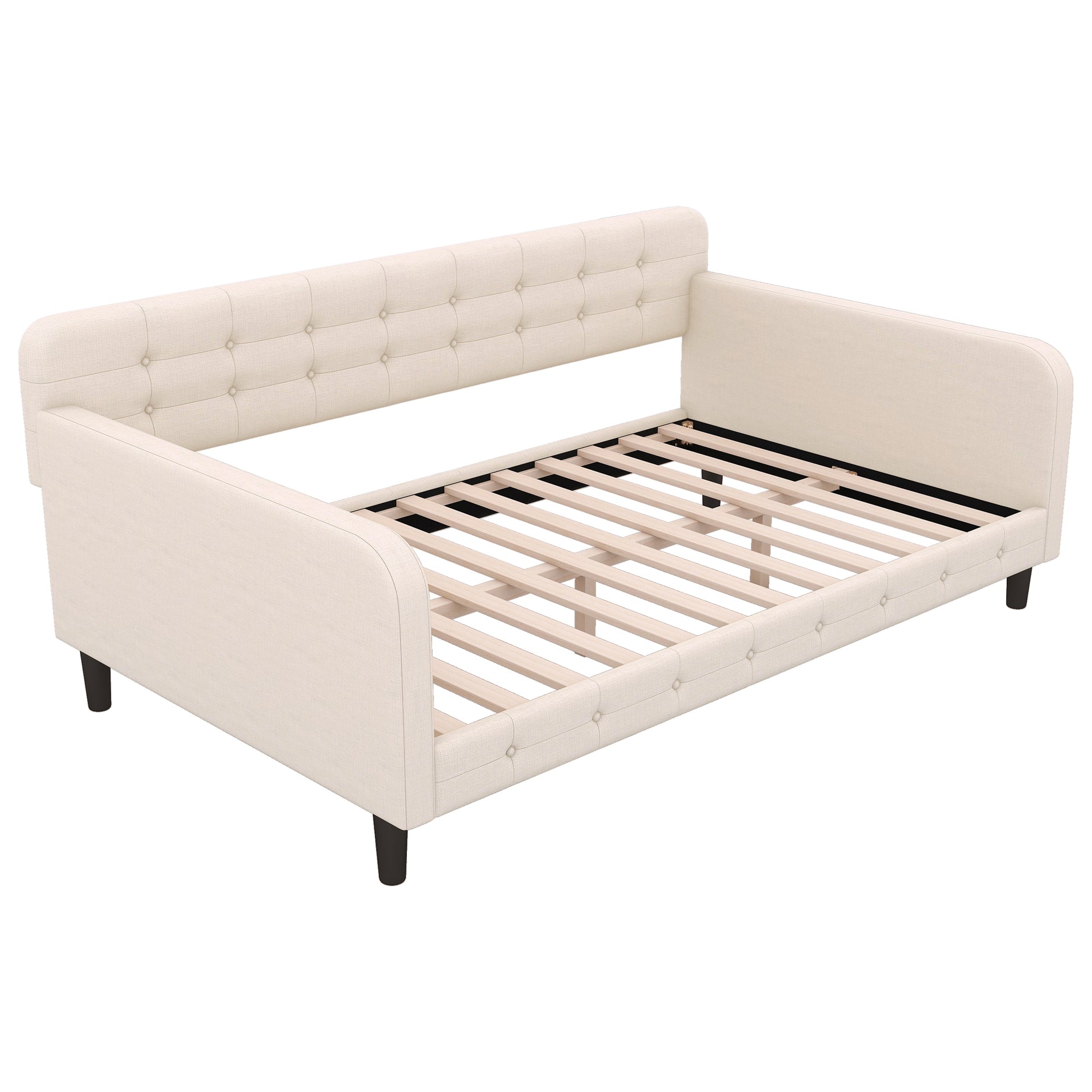 Twin Size Upholstered Tufted Daybed With 4 Support Legs, Beige Box Spring Not Required Twin Beige Wood Bedroom Daybeds Linen Upholstered