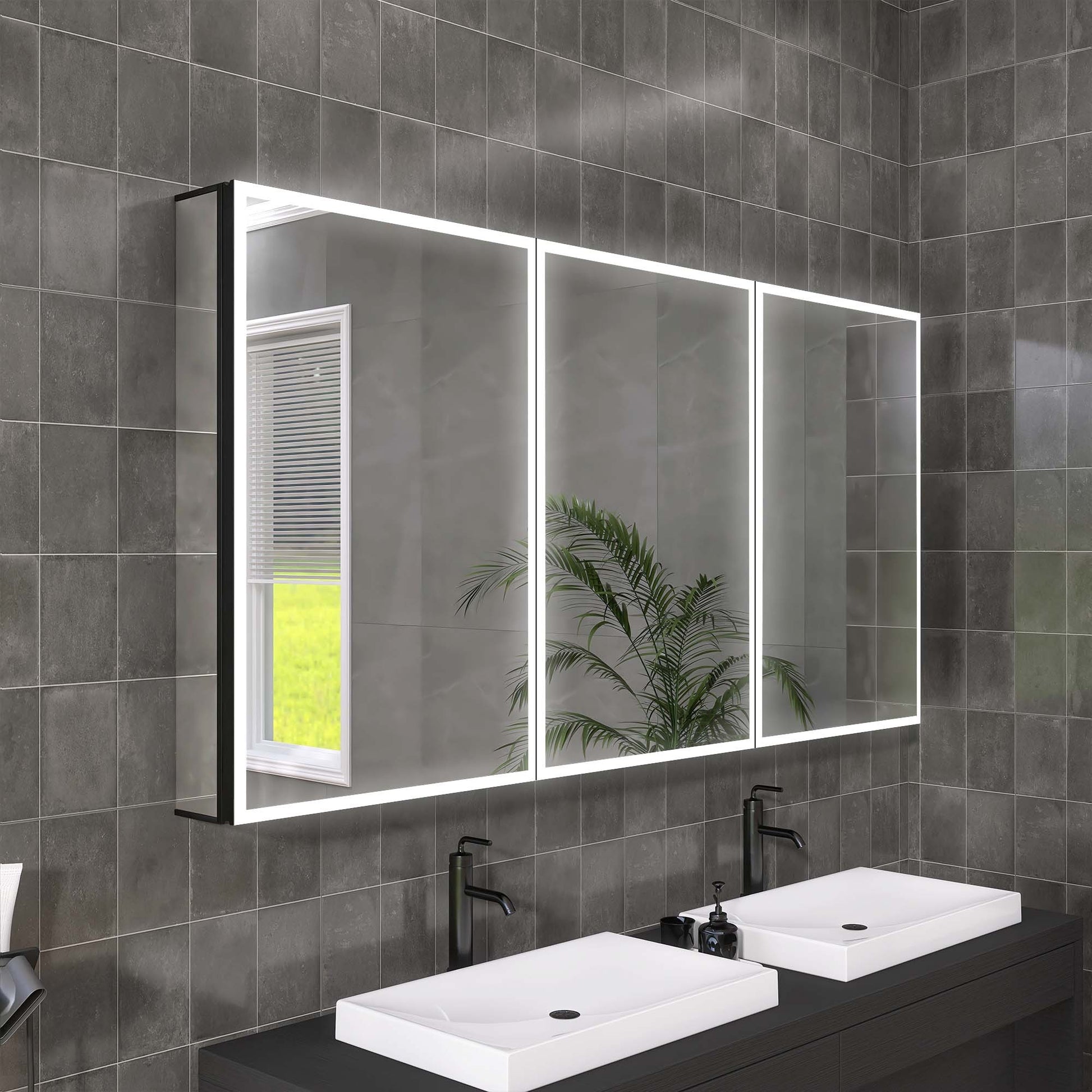 60" X 30" Lighted Medicine Cabinet With Mirror Aluminum Mirrored Cabinets For Bathroom Recessed Or Wall Mount, With Electrical Outlet Usb Anti Fog 3 Colors Light Built In Sensor Lamp Matte Black Modern Glass Aluminium Alloy