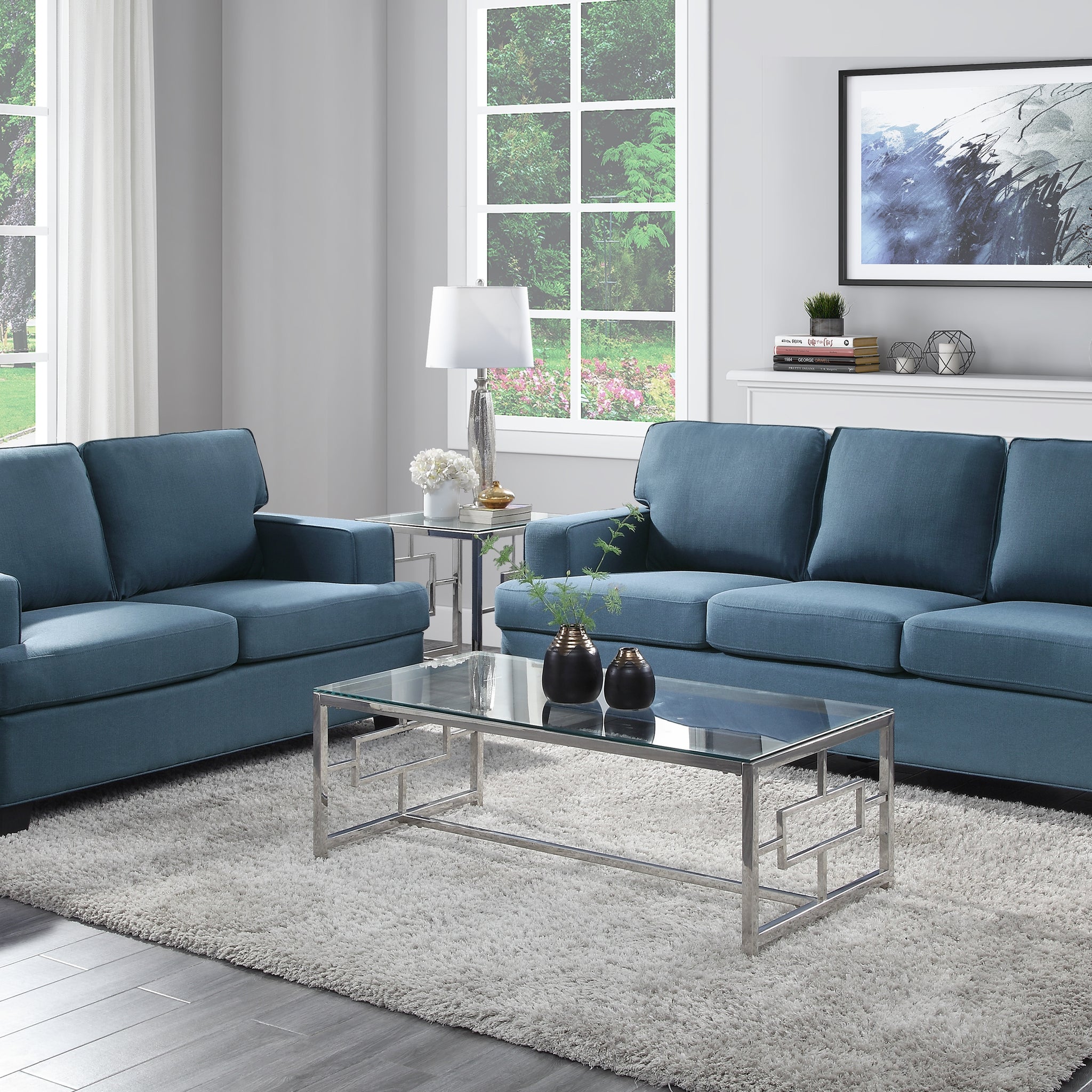 Transitional Style 2Pc Sofa Set Blue Textured Fabric Upholstered Sofa And Loveseat Track Arms Solid Wood Frame Living Room Furniture 1Pc Blue Polyester Wood Primary Living Space Transitional Square Arms Plywood,Solid Wood 5 Seat