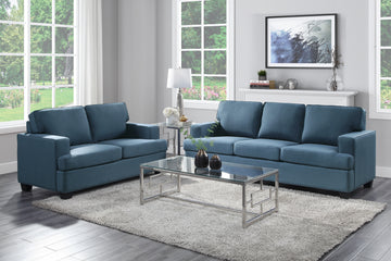 Transitional Style 2Pc Sofa Set Blue Textured Fabric Upholstered Sofa And Loveseat Track Arms Solid Wood Frame Living Room Furniture 1Pc Blue Polyester Wood Primary Living Space Transitional Square Arms Plywood,Solid Wood 5 Seat