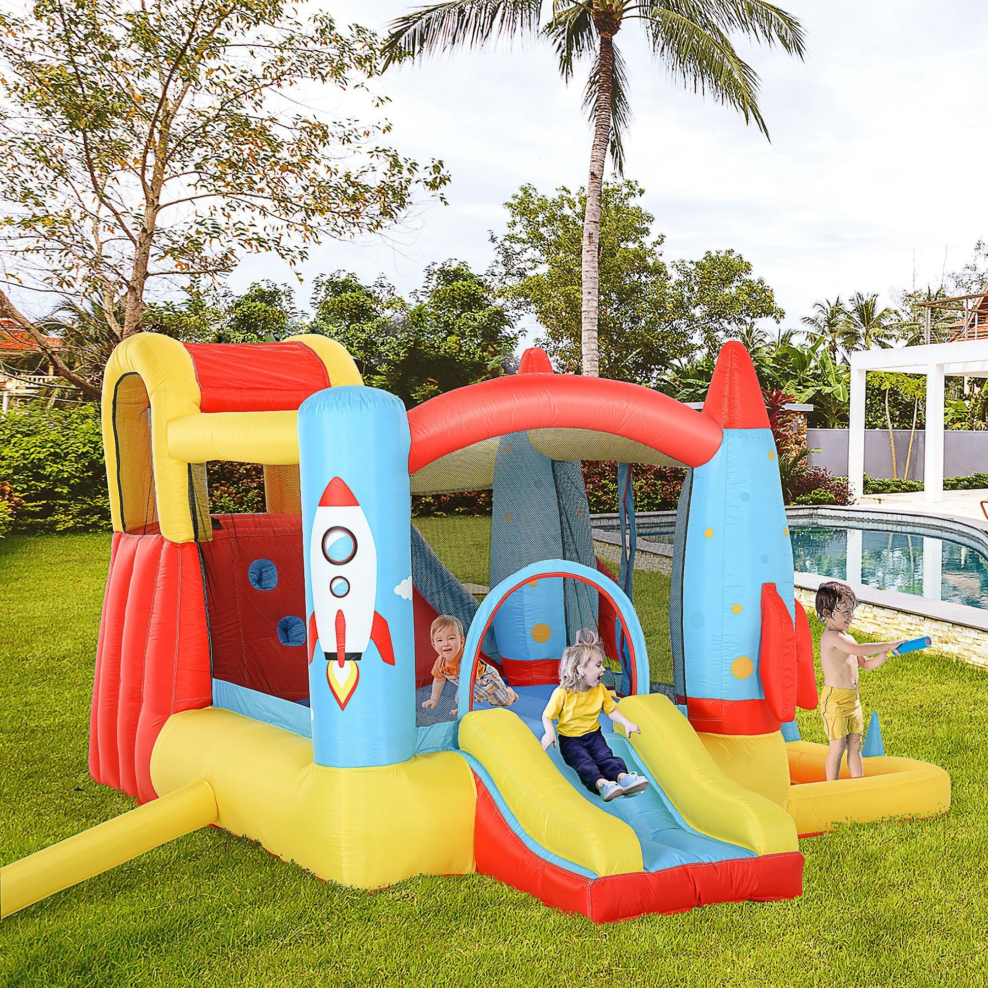 Outsunny Kids Inflatable Water Slide, 4 In 1 Bounce House Jumping Castle With 2 Slides, Climbing Wall, Trampoline, & Water Pool Area, Air Blower Colorful Oxford Fabric