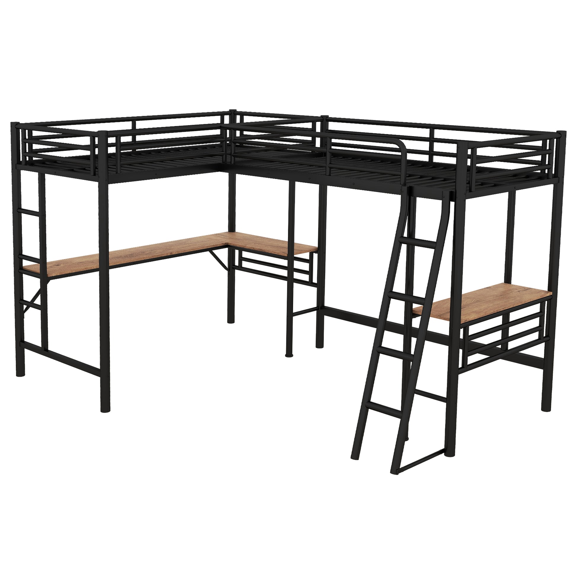 Twin Size Metal Loft Bed With Two Built In Desks,Black Twin Black Metal