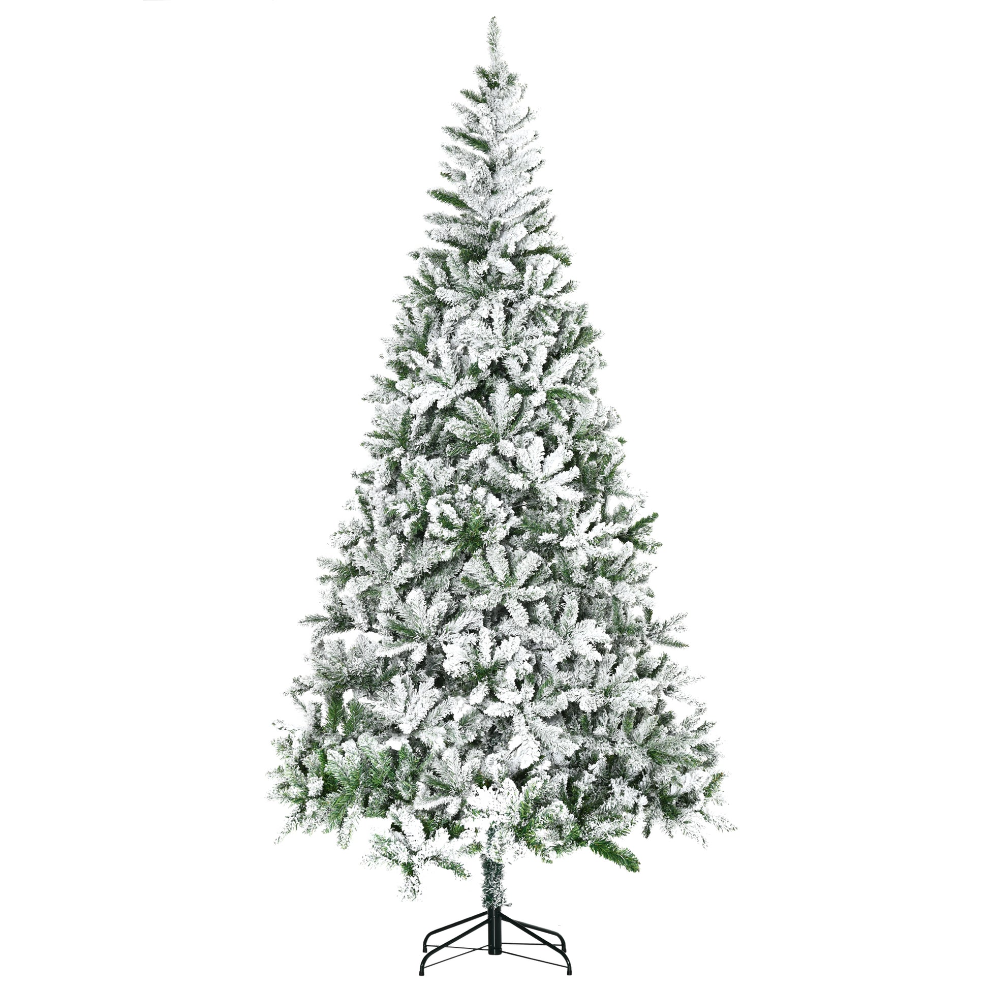 Homcom 9' Tall Unlit Snow Flocked Pine Artificial Christmas Tree With Realistic Branches, Green Green Plastic