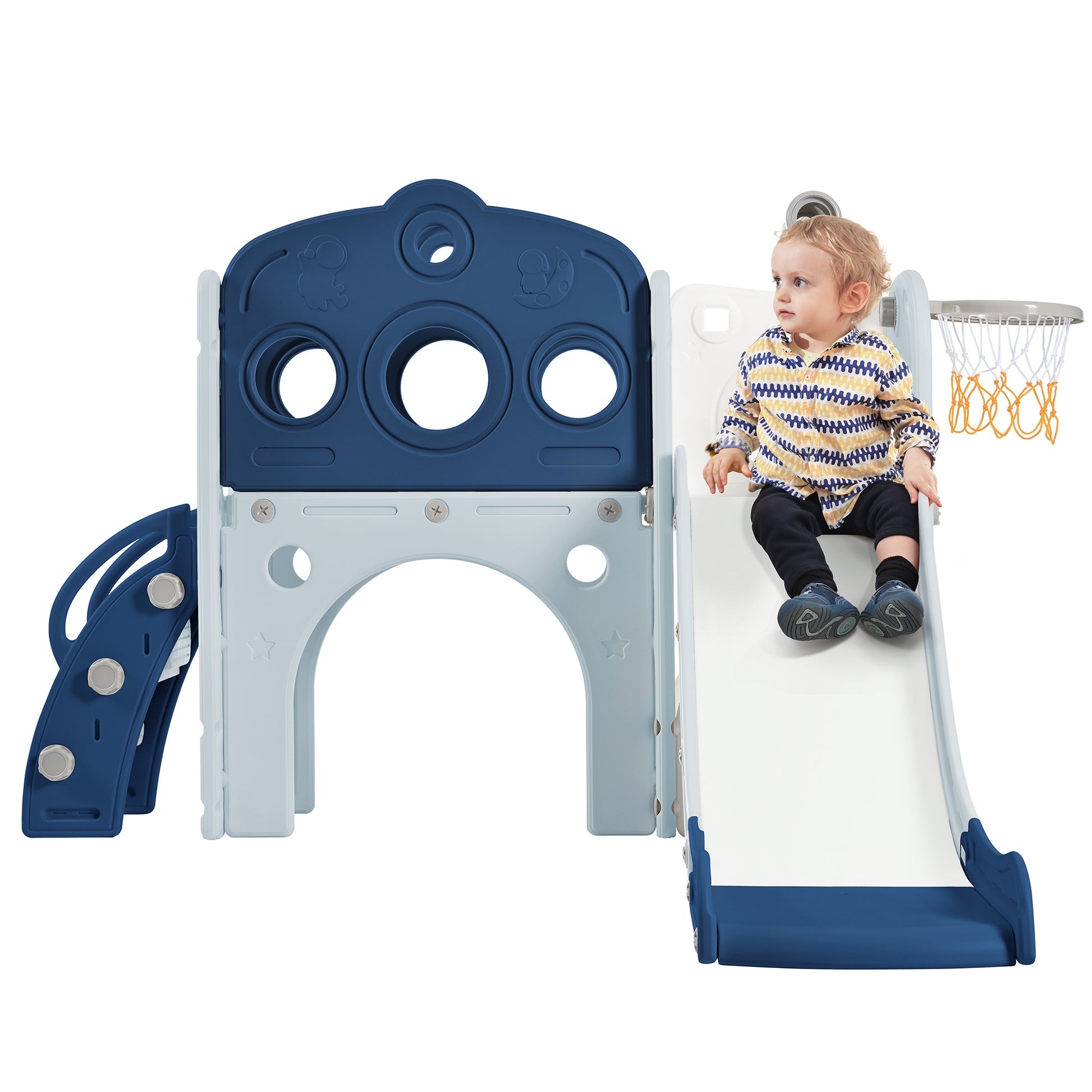 7 In 1 Toddler Slide Set, Freestanding Space Set With Slide, Kids Slide Playset Structure, Arch Tunnel And Basketball Hoop, Toy Storage Organizer For Toddlers, Kids Climbers Playground Blue 50 99 Lbs Cute 1 To 2 Years Hdpe Indoor & Outdoor Use