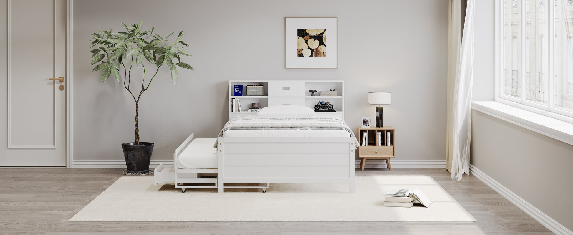 Twin Size Captain Bed With Storage Bookcase Headboard,Captain Bed With Trundle And Three Storage Drawers For Kids Teens Dorm Bedroom Multipurpose Guest Room Or Home, White Box Spring Not Required Twin White Wood Solid Wood Mdf