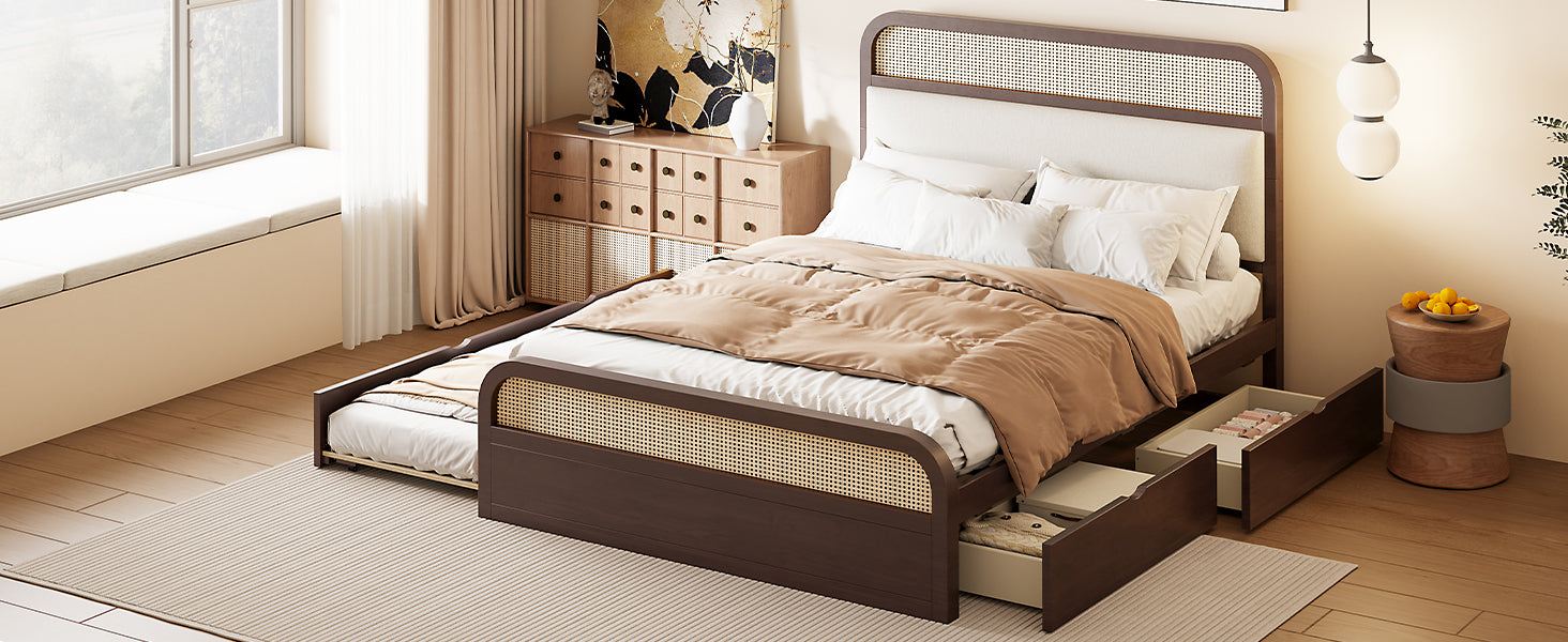 Queen Size Wooden Platform Bed With Trundle And 2 Drawers,Espresso Queen Espresso Solid Wood Mdf