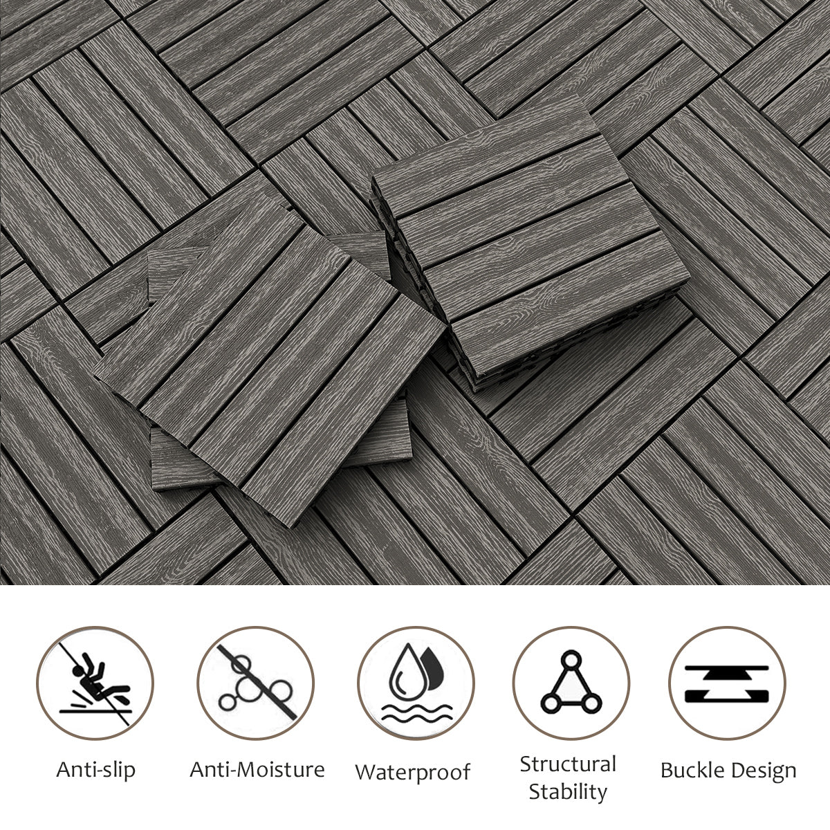 Wood Plastic Composite Deck Tiles Set Of 20Pcs, Diy Interlocking Decking Tiles, Floor Tile, Durable, Maintenance, Waterproof, Indoor Outdoor, 12X12In Dark Grey Dark Grey Modern Plastic Wood Plastic