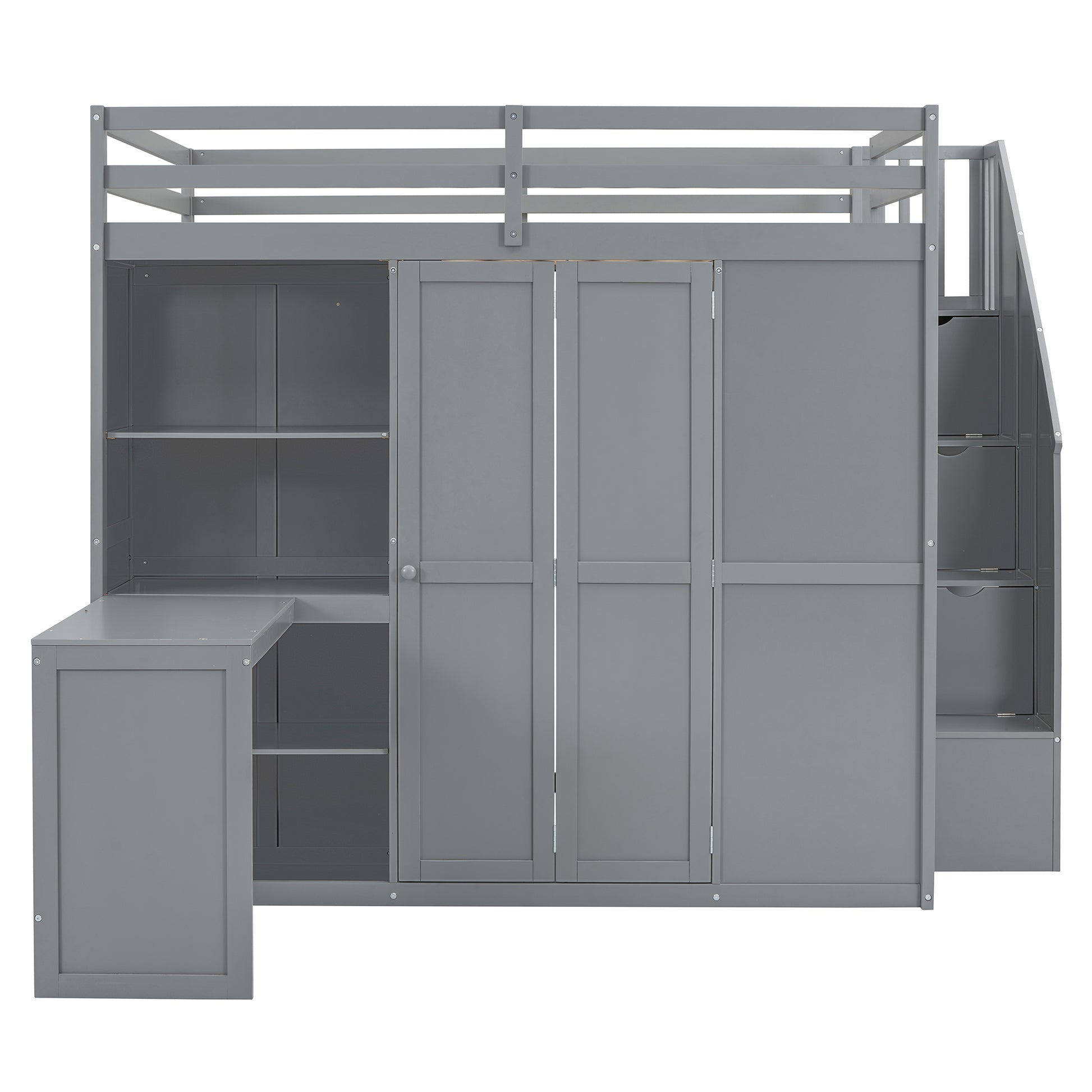 Full Size Loft Bed With Wardrobe,Desk And Shelves,Grey Grey Mdf Lvl