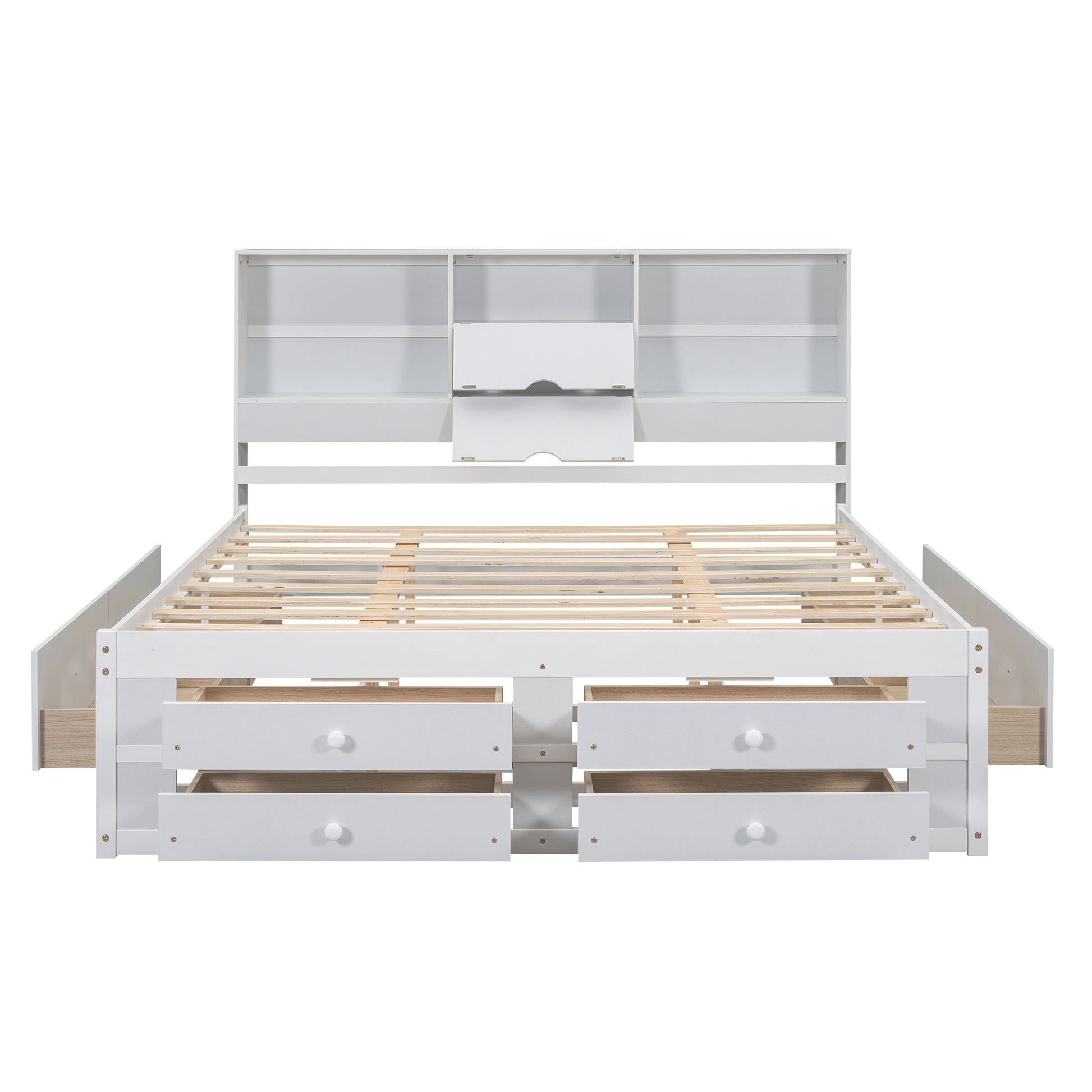 King Size Platform Bed With Storage Headboard And 8 Drawers, White Box Spring Not Required King White Wood Bedroom Bed Frame Solid Wood Mdf