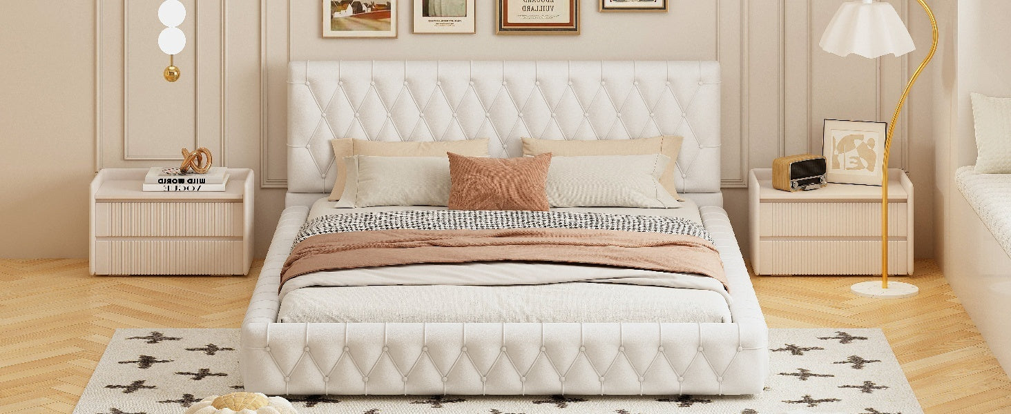 Queen Size Upholstered Bed With Tufted Headboard, Modern Velvet Platform Bedno Box Spring Required, White Queen White Solid Wood Mdf