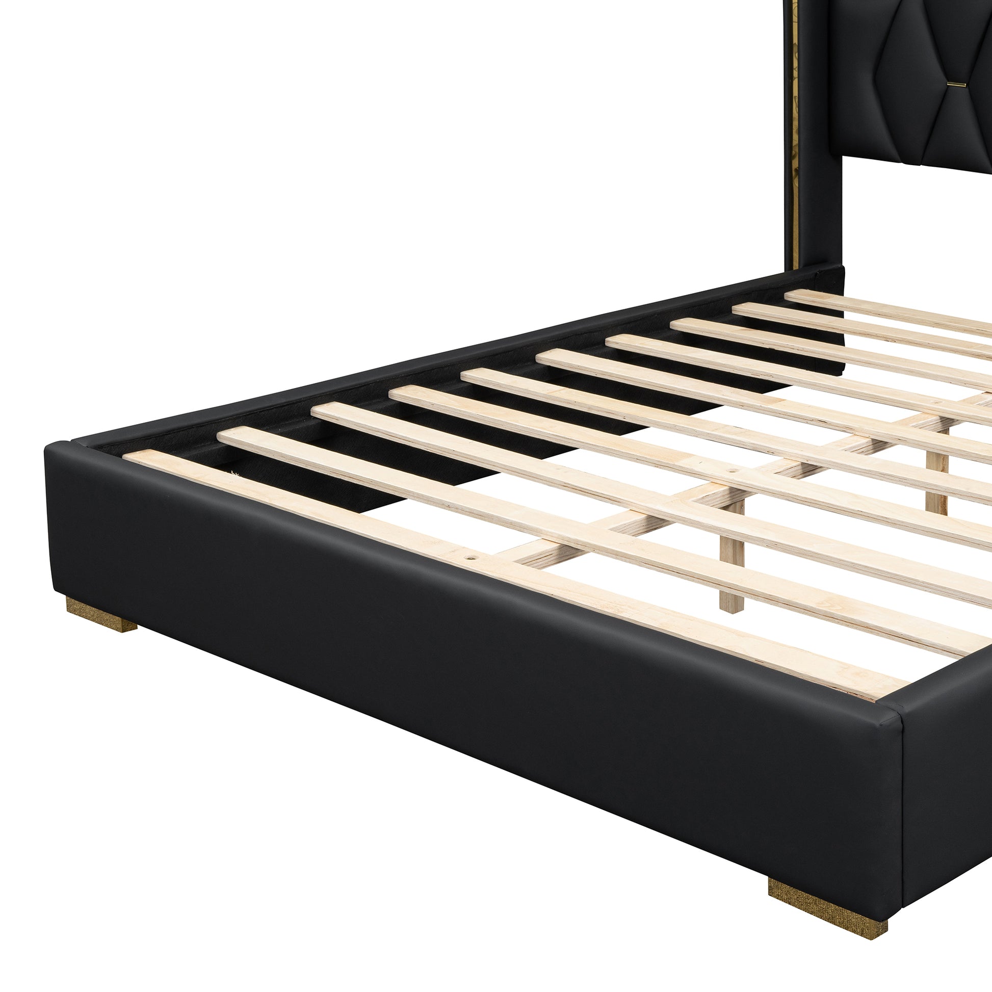 Queen Size Upholstered Platform Bed With Metal Strips, Black Queen Black Pu