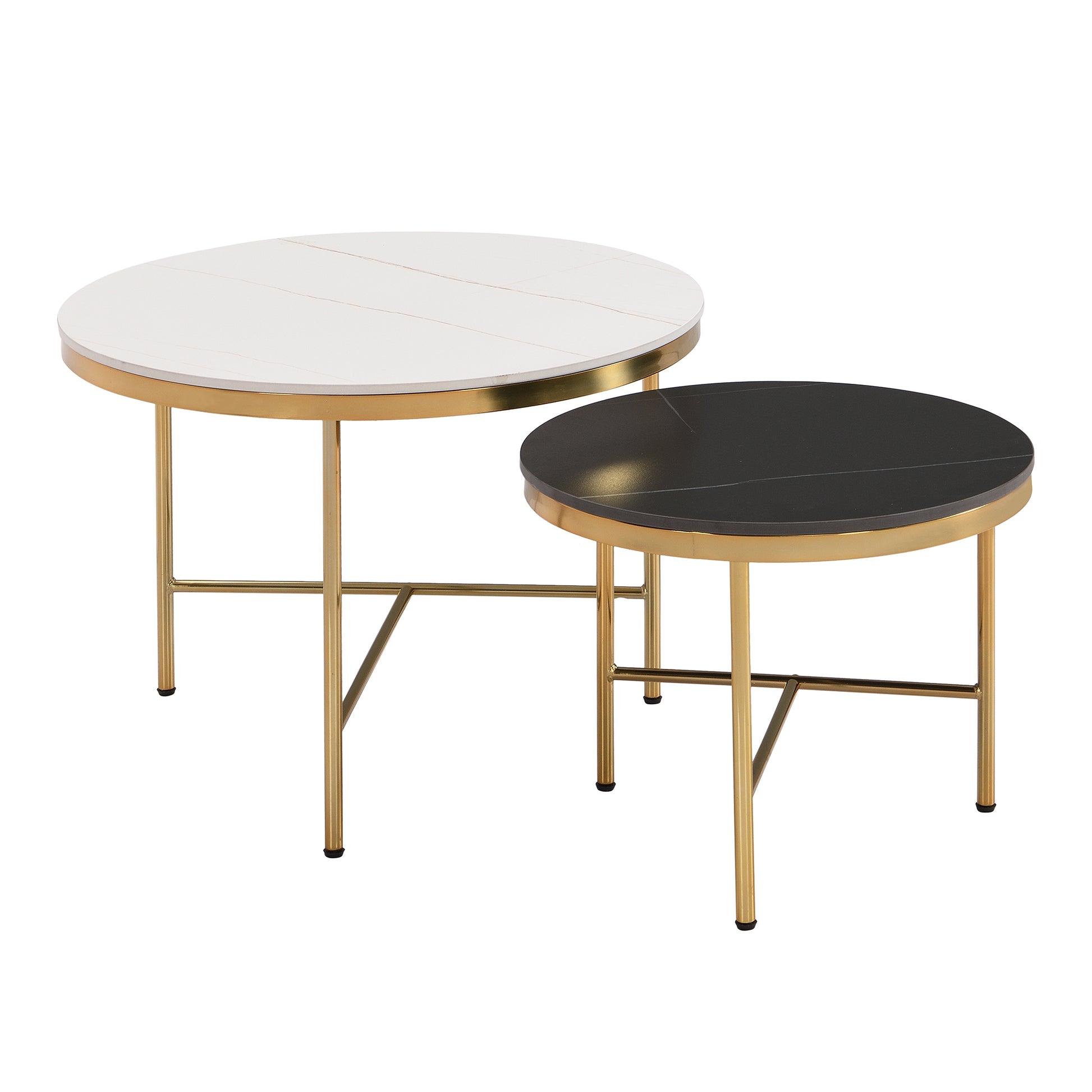 Modern Round Nesting Coffee Table Set 2 Piece Black & White Sintered Stone Top Gold Base In 23.6''&17.7'' Black White Coffee & End Tables Round Metal Sintered Stone T Shape