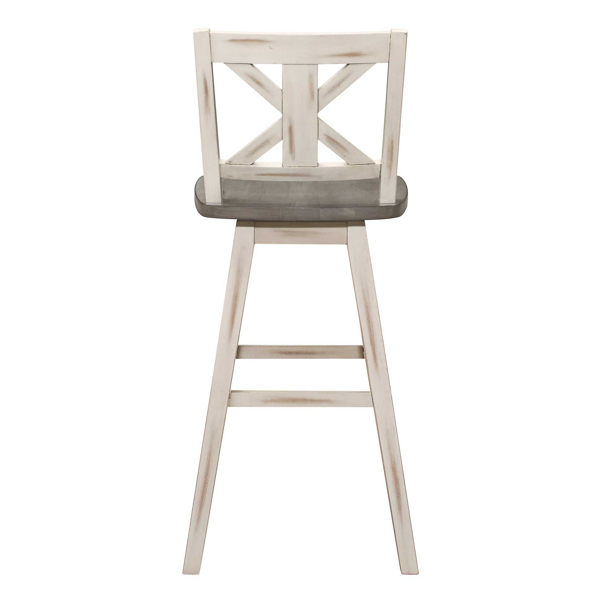 Pub Height Chairs Set Of 2, Distressed Gray And White 360 Degree Swivel Chair Solid Rubberwood Furniture, X Back Bar Chairs White Gray Dining Room Rustic Cross Back Solid Wood