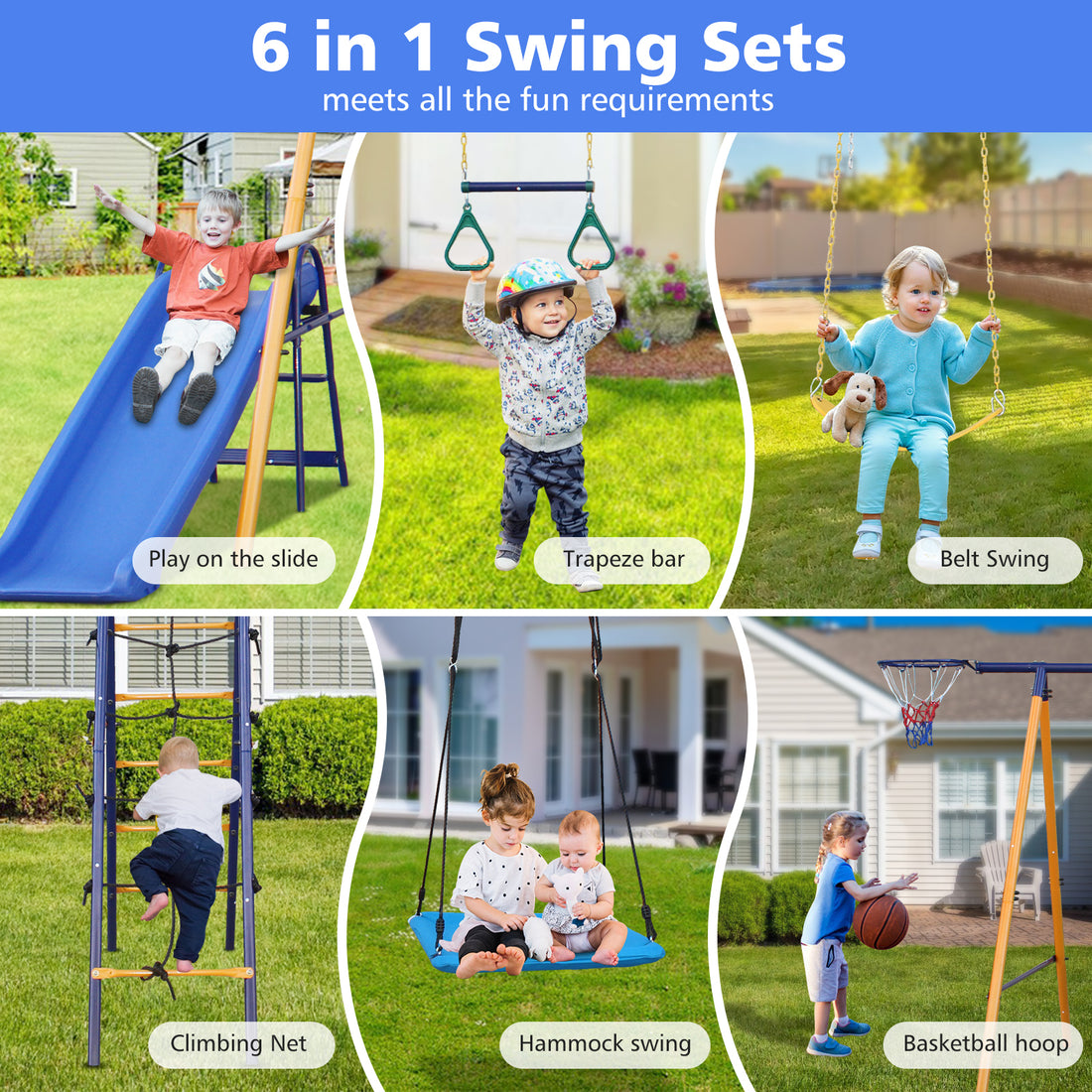 500 Lbs 7 In 1 Swing Set For Kids Backyard Outdoor A Frame Heavy Duty Metal Swing Sets With Slide, 2 Swing Seats, 1 Climbing Net & Ladder, 1 Gym Ring, 1 Basket Multicolor Steel