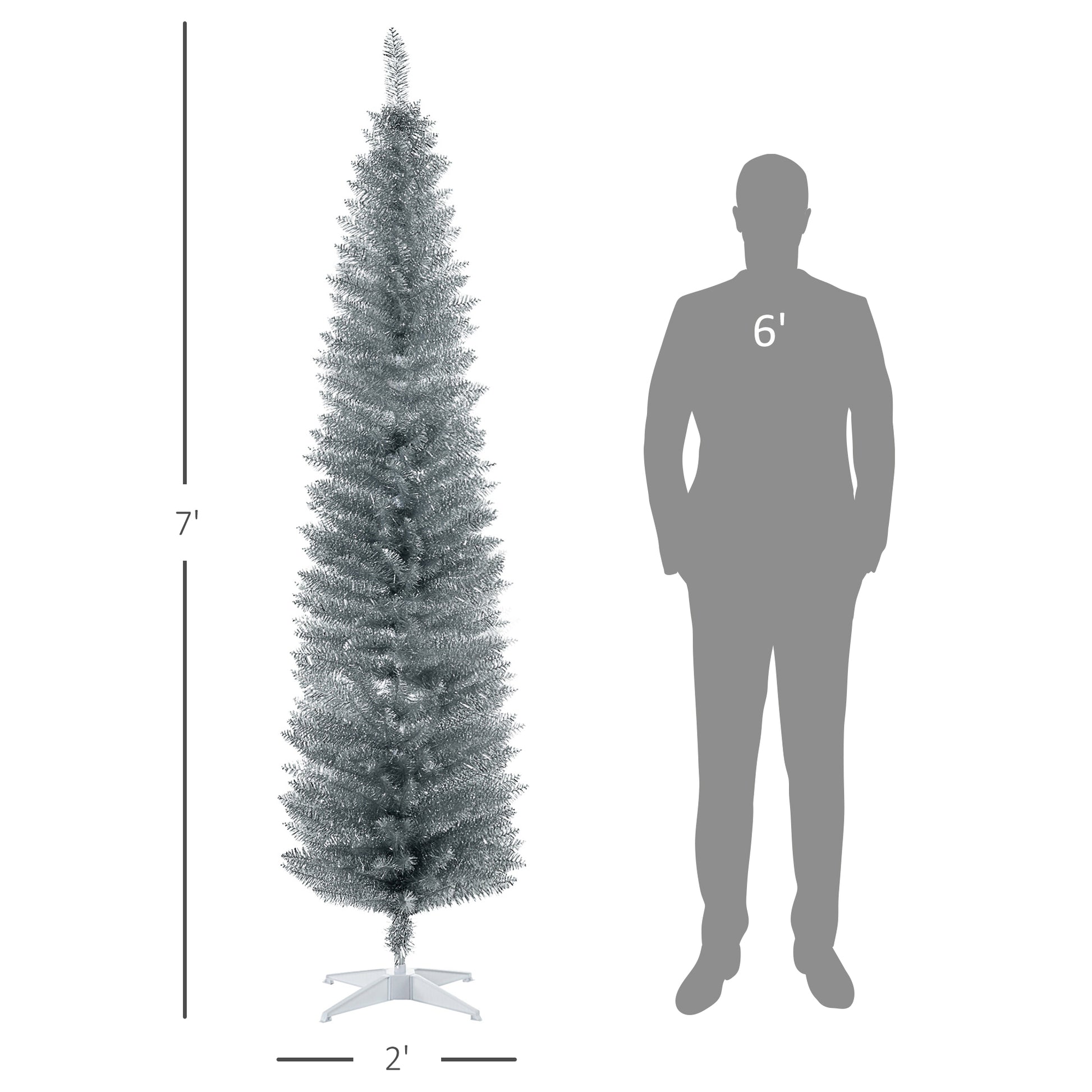 Homcom 7' Artificial Pencil Christmas Tree, Slim Xmas Tree With 499 Realistic Branch Tips And Plastic Stand, Silver Silver Plastic