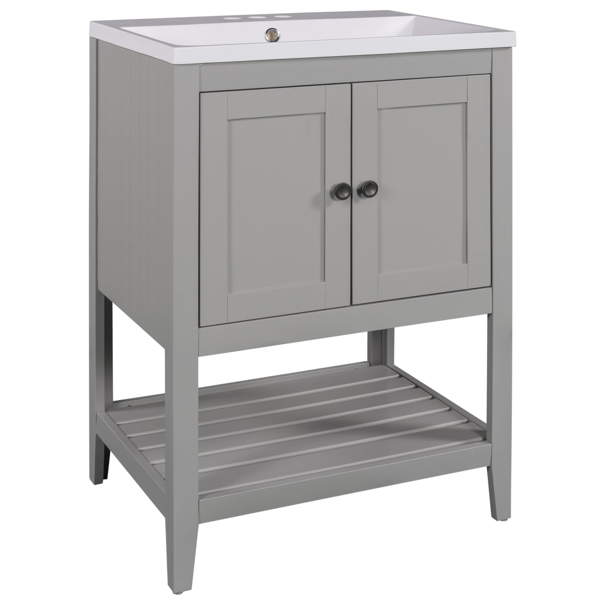 Video 24" Grey Modern Sleek Bathroom Vanity Elegant Ceramic Sink With Solid Wood Frame Open Style Shelf Old Sku: Jl000004Aae Grey Solid Wood