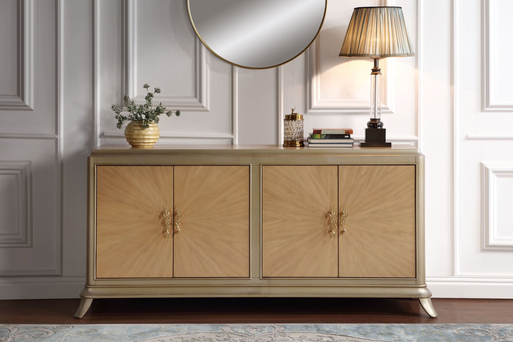 Dodie Console Cabinet, Oak Sunburst Pattern & Taupe Champaign Finish Ac02504 Oak Wood