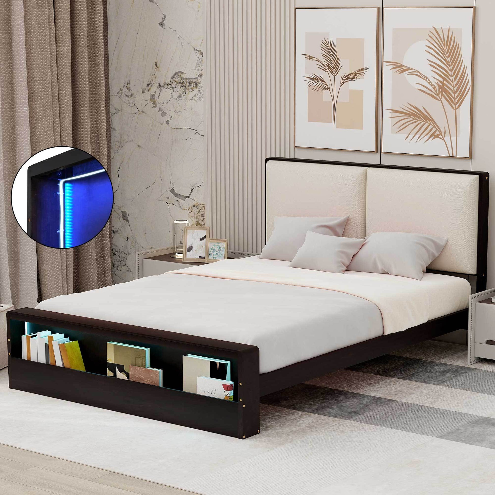 Queen Size Platform Bed Frame With Upholstery Headboard And Bookshelf In Footboard And Led Light Strips, Espresso Queen Espresso Solid Wood Mdf