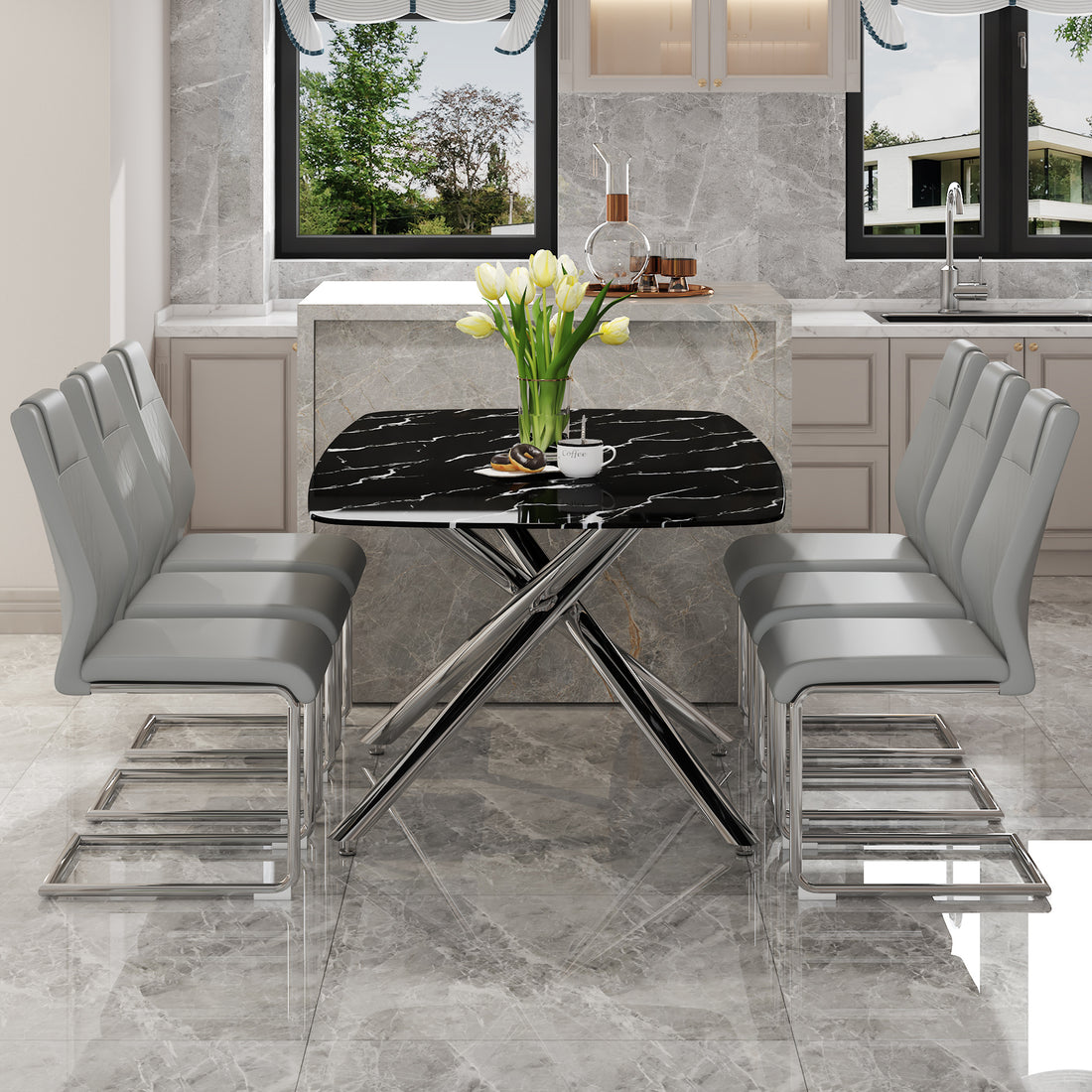 Table And Chair Set, Large Modern Minimalist Rectangular Dining Table, 0.39 "Imitation Marble Tabletop And Silver Metal Legs, Soft Leather Seats. F 1537 Silver Glass Metal