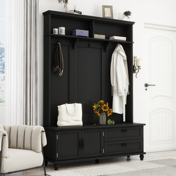 Modern Style Hall Tree With Storage Cabinet And 2 Large Drawers, Widen Mudroom Bench With 5 Coat Hooks, Black Black Primary Living Space Particle Board