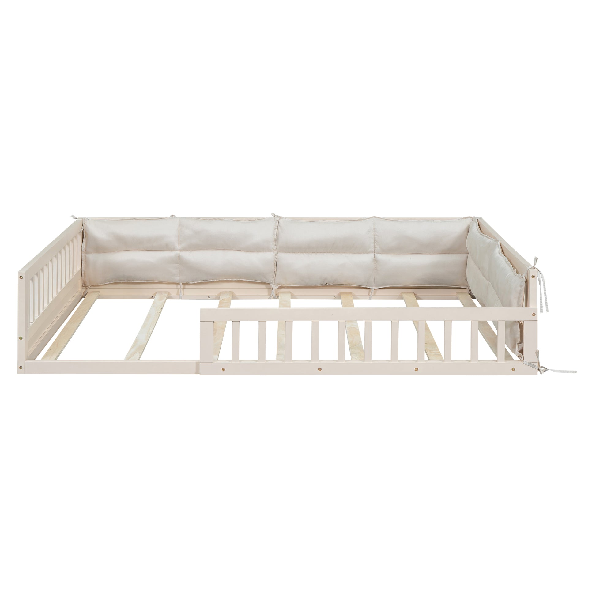 Wood Full Size Upholstered Platform Bed With Guardrail And Pillow, Beige Box Spring Not Required Full Beige Wood Bed Frame Solid Wood Mdf