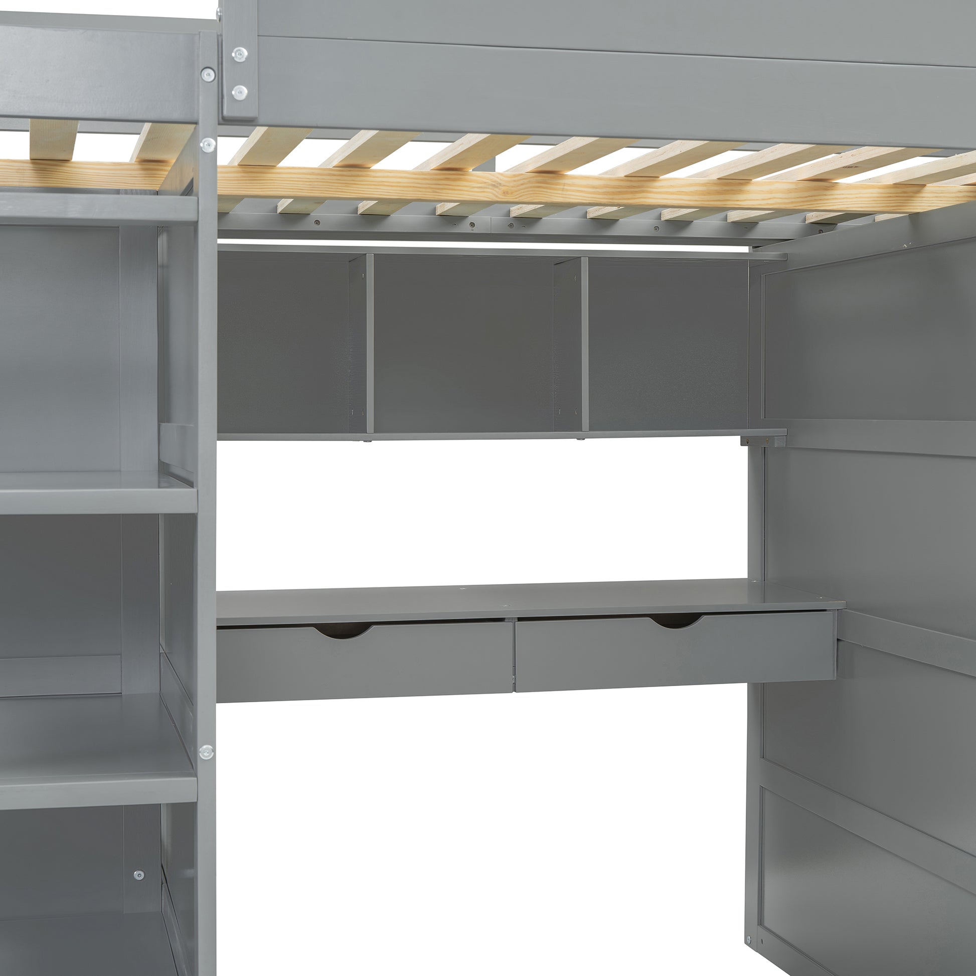 Full Size Loft Bed With Desk, Wardrobes, 4 Drawers And 4 Shelves Gray Full Gray Solid Wood