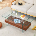 43.3 Inch Modern Two Tier Coffee Table Clear Tempered Glass And Dark Wood Grain, Multifunctional Storage Design.The Bottom Tier Includes A Drawer.Can Be Used As A Coffee Table,Side Table,Etc.