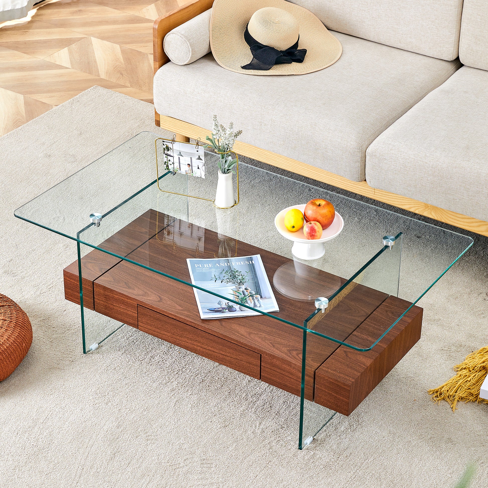 43.3 Inch Modern Two Tier Coffee Table Clear Tempered Glass And Dark Wood Grain, Multifunctional Storage Design.The Bottom Tier Includes A Drawer.Can Be Used As A Coffee Table,Side Table,Etc.