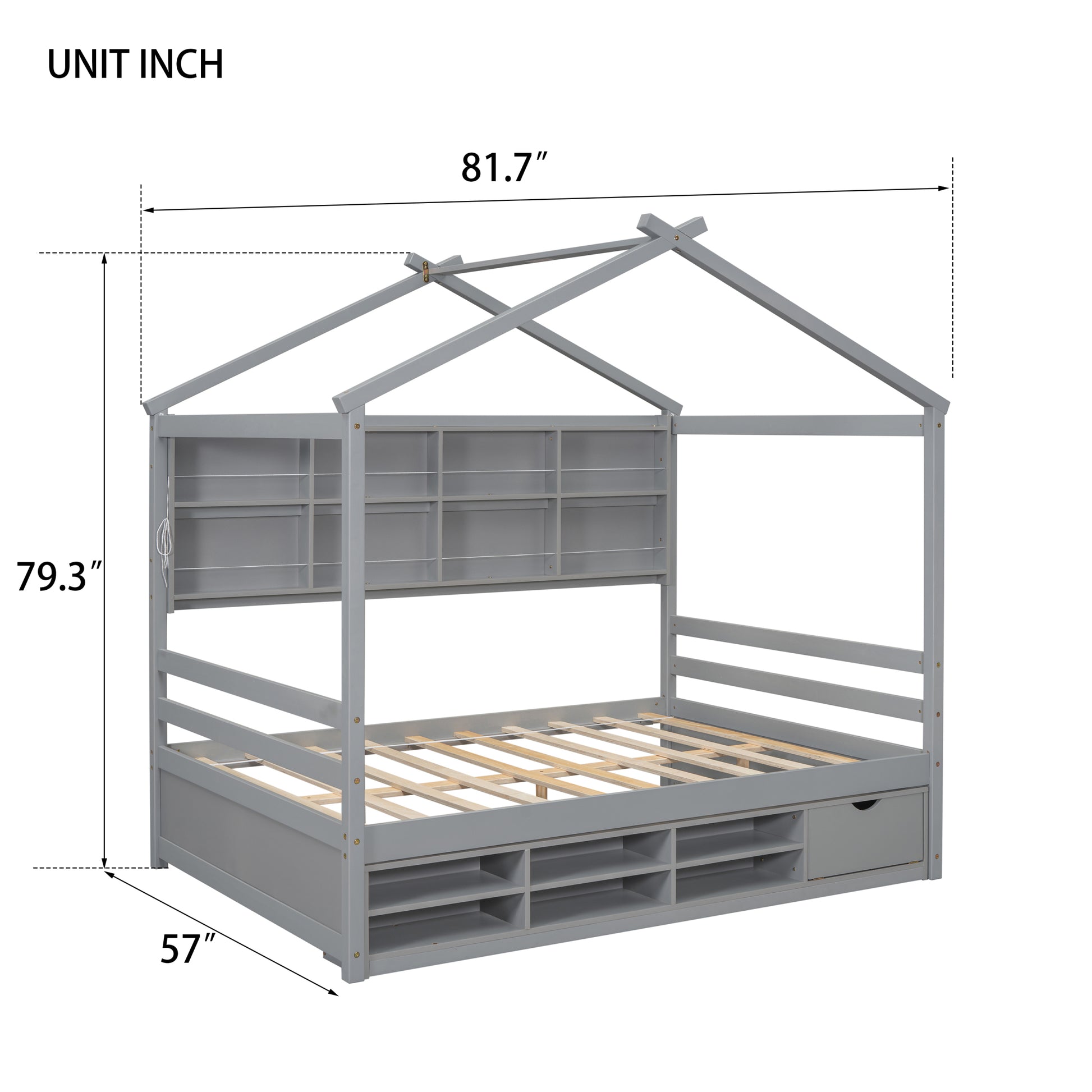 Full House Bed With Roof Frame, Bedside Shelves, Under Bed Storage Unit,Grey Full Grey American Design Pine