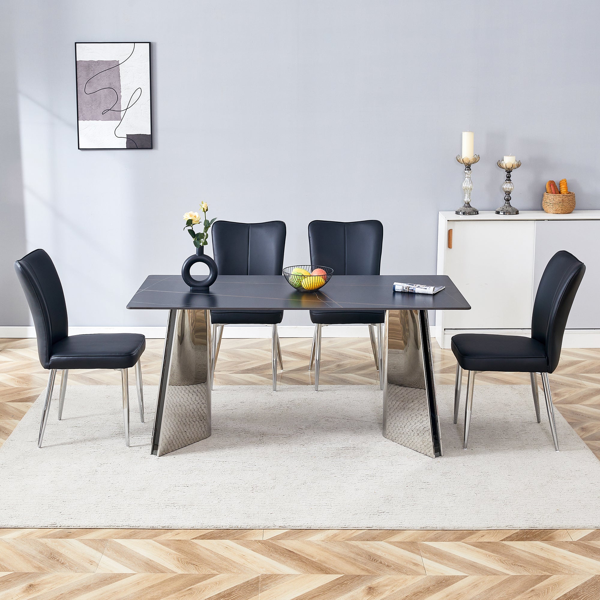 Table And Chair Set.63"X31.5X30" Black Marble Patterned Slabs Tabletop With Stainless Steel Butterfly Legs.Paired With 4 Black Pu Dining Chairs With A Vertical Stripe Design On The Backrest. Black