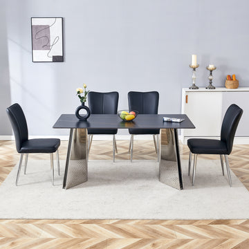 Table And Chair Set.63"X31.5X30" Black Marble Patterned Slabs Tabletop With Stainless Steel Butterfly Legs.Paired With 4 Black Pu Dining Chairs With A Vertical Stripe Design On The Backrest. Black