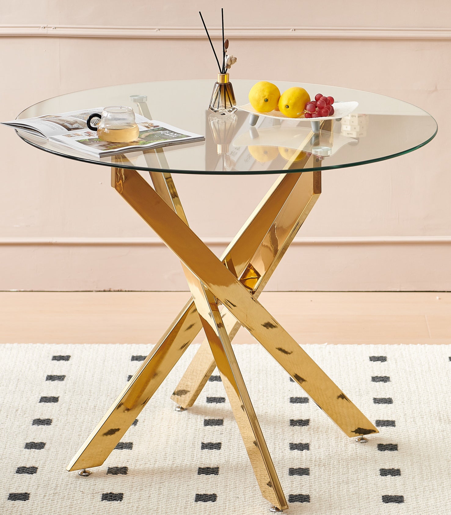 Golden Dining Table With Cross Metal Leg And Glass,Modern Space Saving Kitchen Table For Living Room Golden Glass Metal