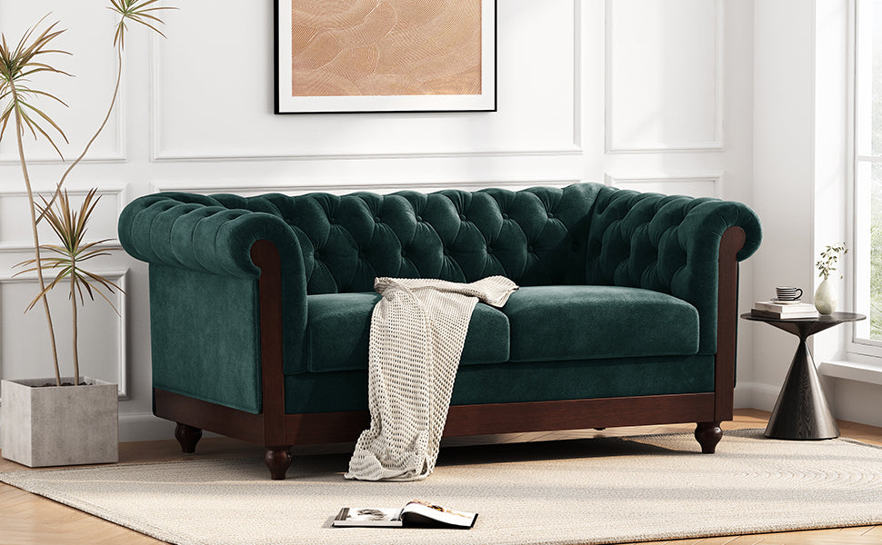 Vivalux 59.44" Chesterfield Velvet Loveseat Sofa,2 Person Rolled Arm Dutch Plush Upholstered Sofa Couch With Tufted Button For Living Room, Bedroom, Small Places,Forest Green Dark Green Espresso Velvet Wood Primary Living Space Soft Tufted Back