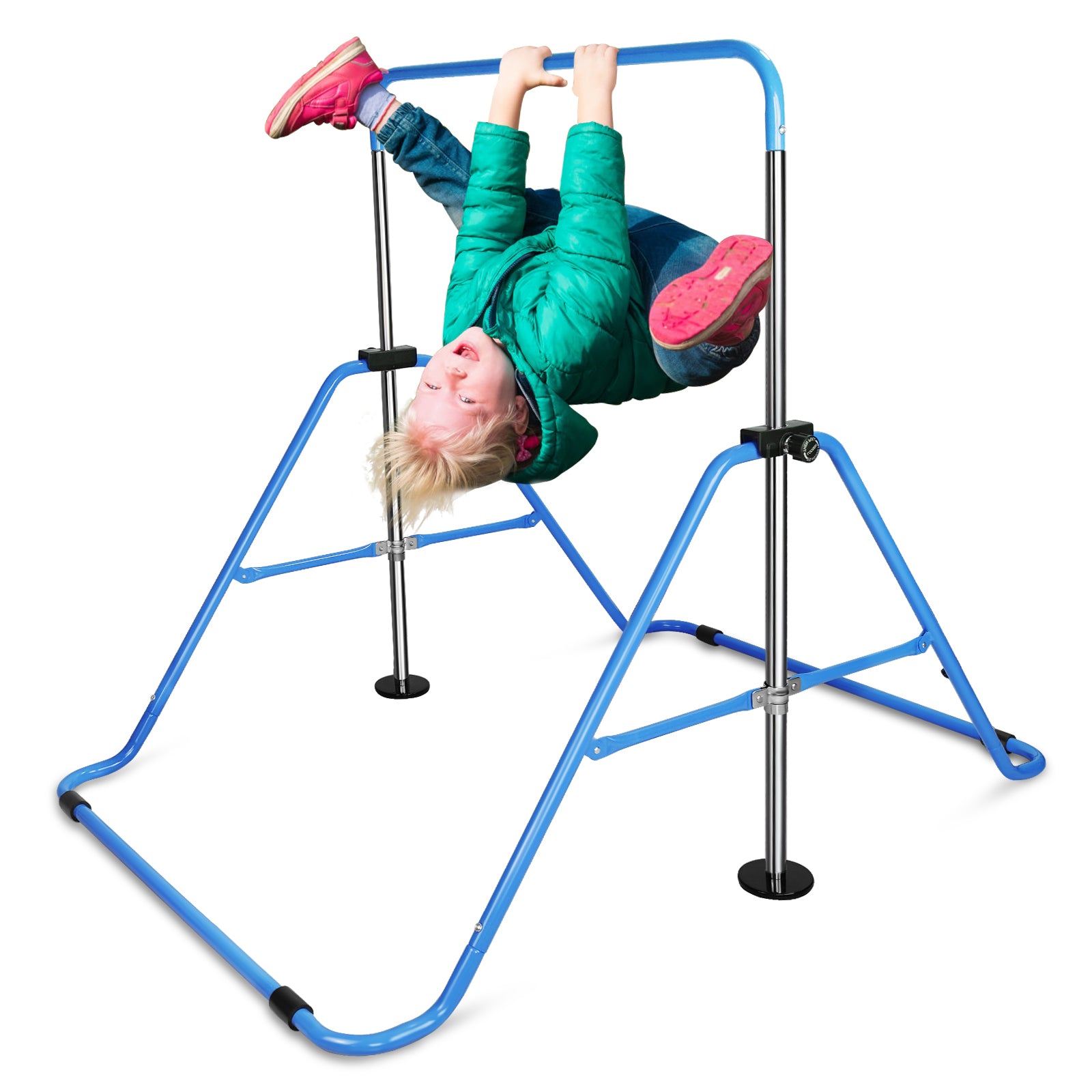 Multi Functional Adjustable Height Children'S Horizontal Gymnastic Bar With Bear Rings Blue Steel