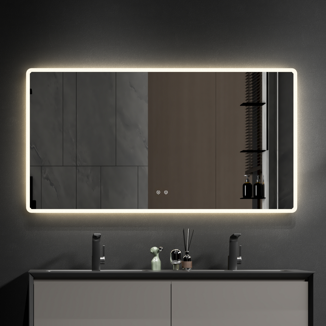 48" W X 32" H Modern Wall Mounted Led Backlit Anti Fog Rounded Rectangular Bathroom Mirror With Us Standard Plug, Temperature Adjustable And Memory Function Touch Switch White Glass