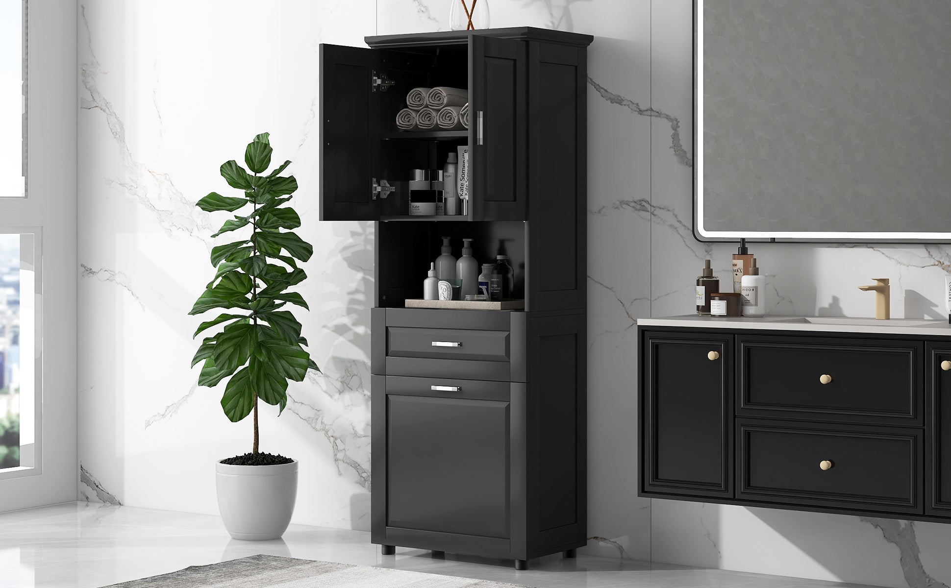 Tall Bathroom Cabinet With Laundry Basket, Large Storage Space Tilt Out Laundry Hamper And Upper Storage Cabinet, Black Black Mdf