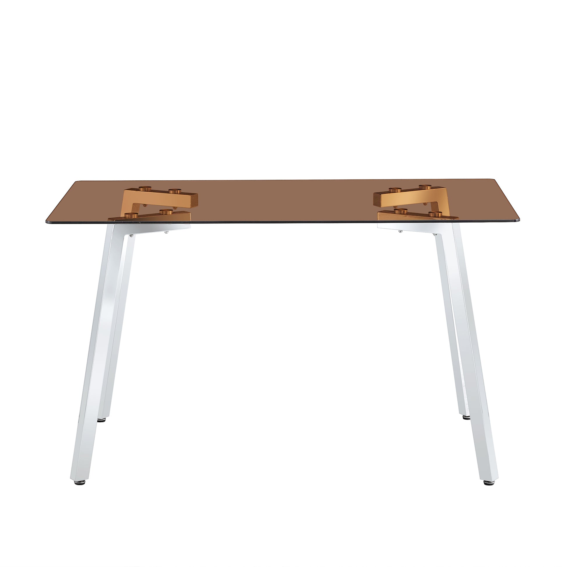 1 Table And 4 Chairs, Brown Tempered Glass Tabletop And Silver Metal Legs, Modern Minimalist Style Rectangular Glass Dining Table, Paired With 4 Modern Silver Metal Leg Chairs. 1123C 1162 Brown Seats 4 Glass