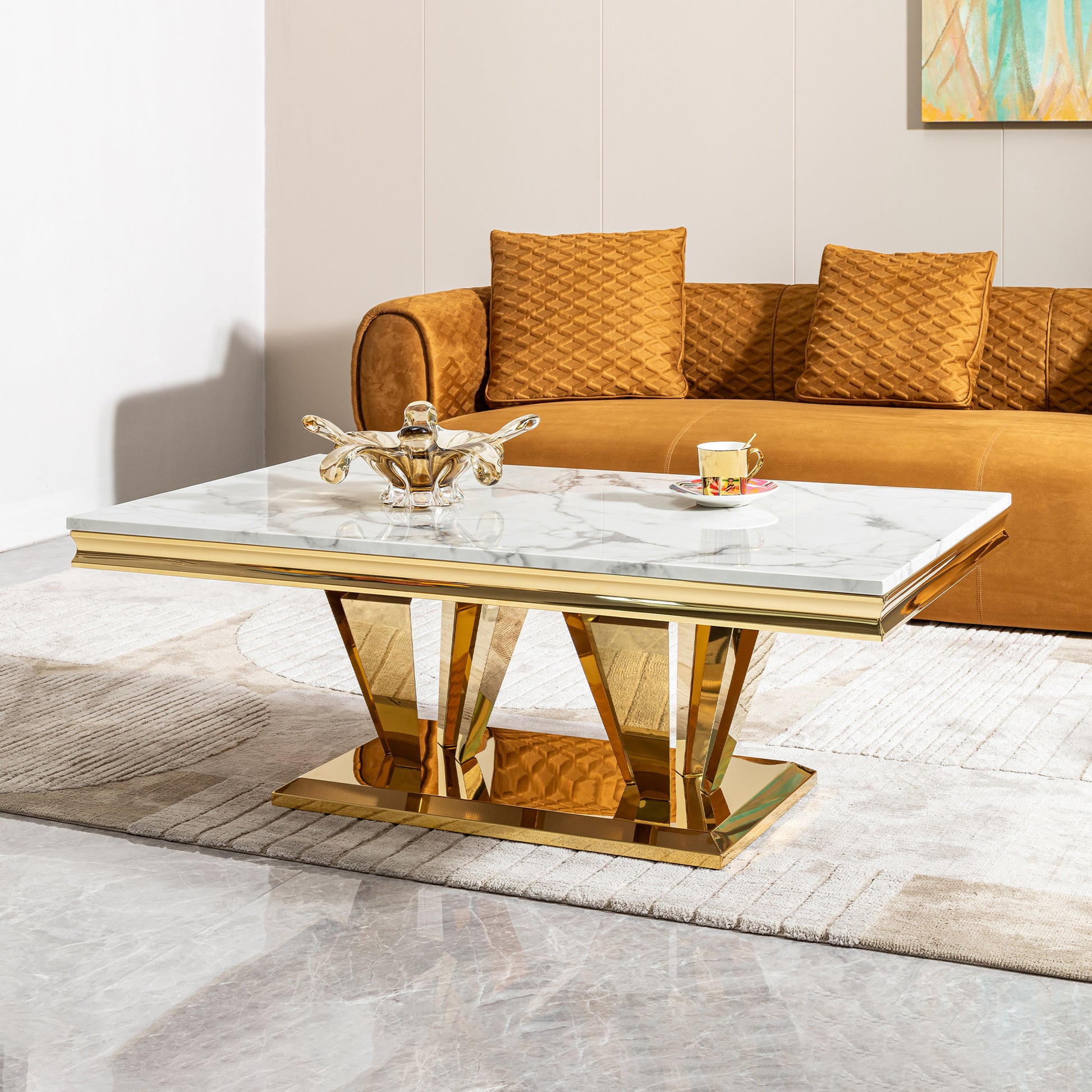 58.18" Modern Rectangular 0.78" Thick Mdf Marble Pattern Top, Coffee Table Stainless Steel Base With Gold Mirror Finish Gold Primary Living Space Modern Coffee & End Tables Rectangular Stainless Steel