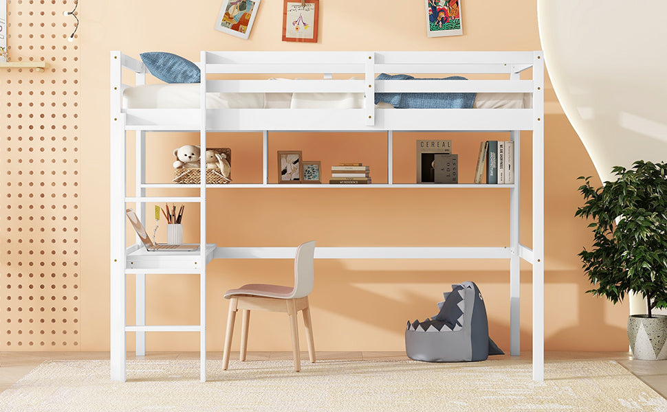 Twin Loft Bed With Built In Desk And Bookcase Of Three Compartments, Guardrails And Ladder,White Twin White Pine