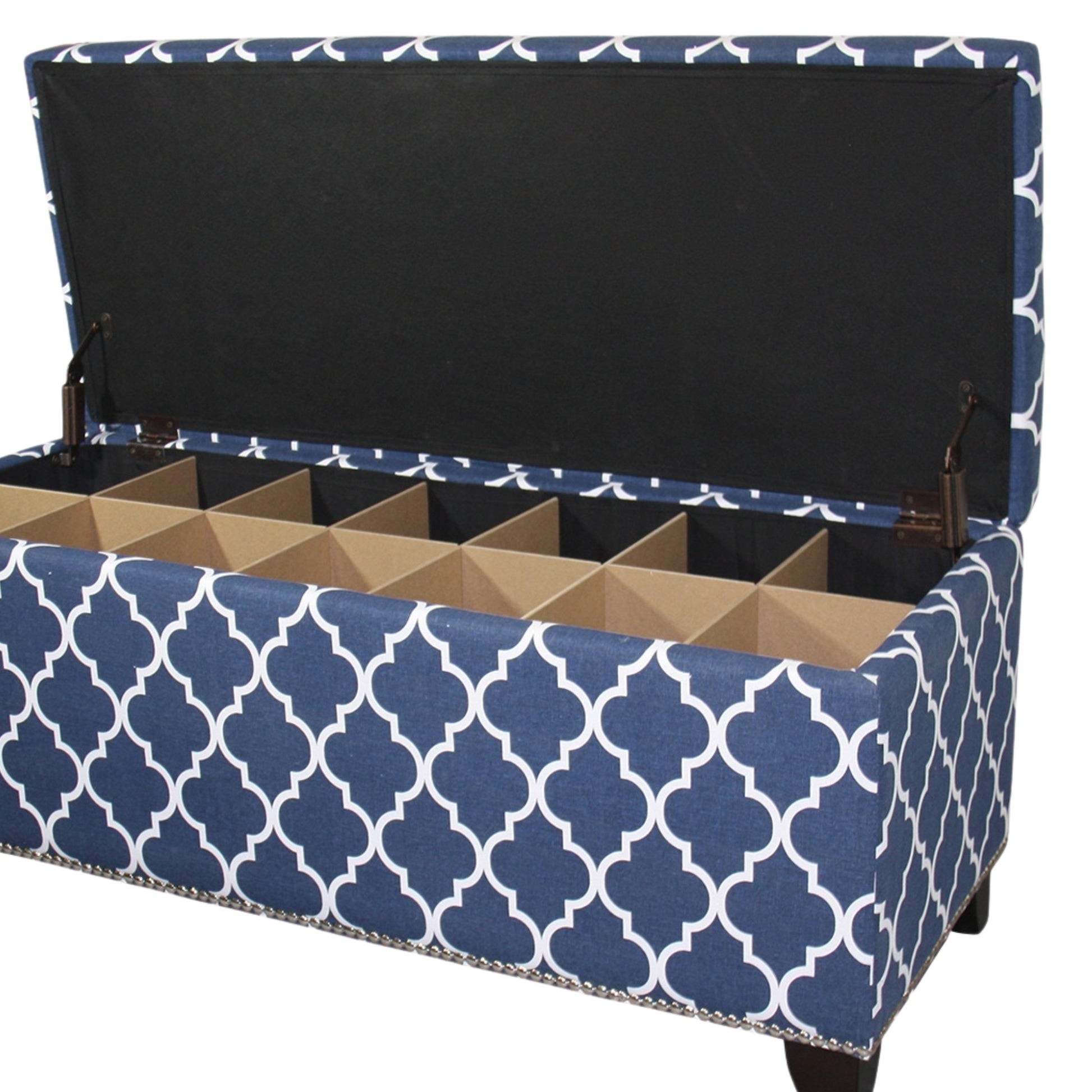 18" Tall Storage Bench With Blue Moroccan Stripes Decor Blue Wood