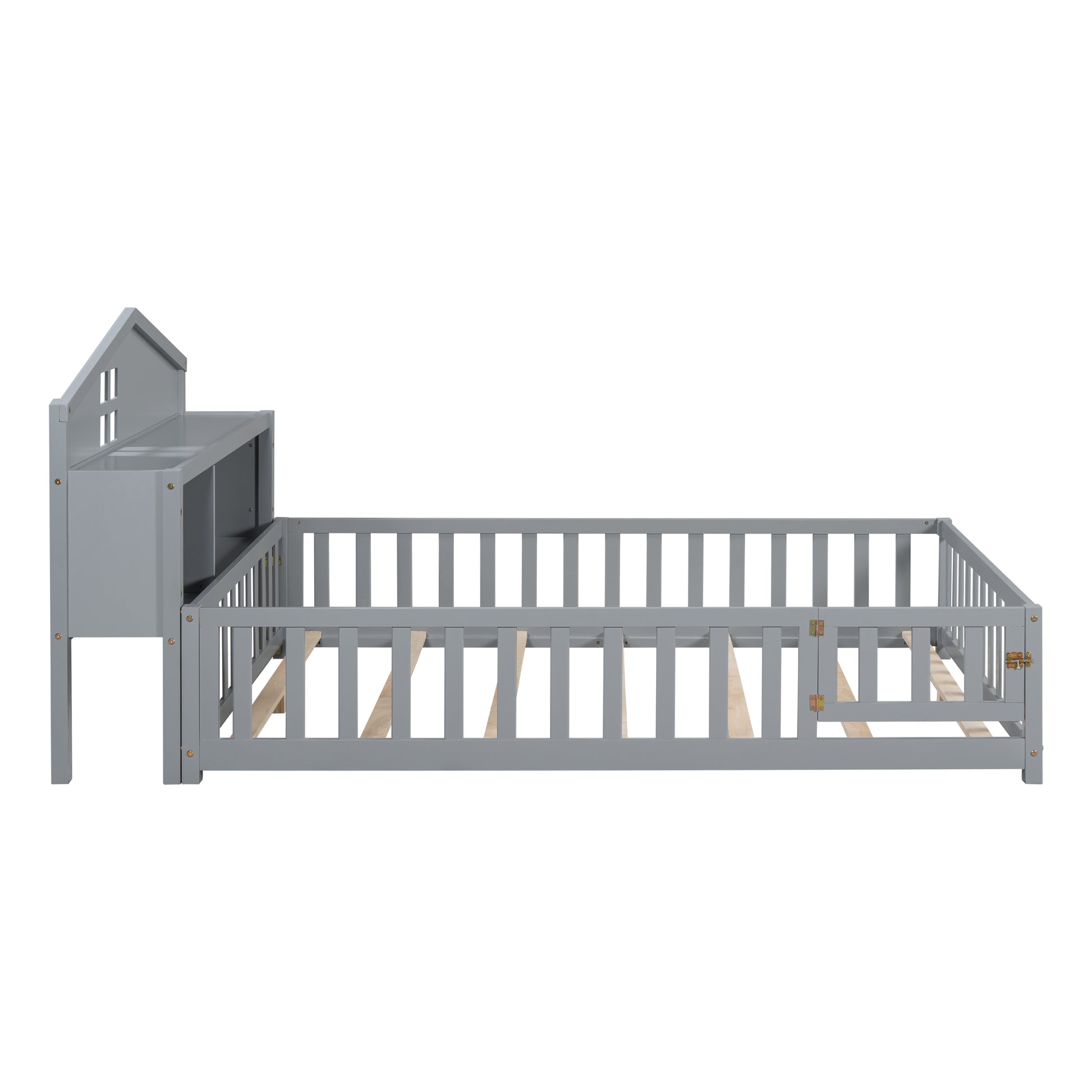 Full Size Floor Beds With Bookcases And Blackboards, Versatile Platform Beds With Guard Rails, Solid Wood Floor Beds With Storage Headboards, Floor Beds For Kids And Teens Grey Full Grey Plywood