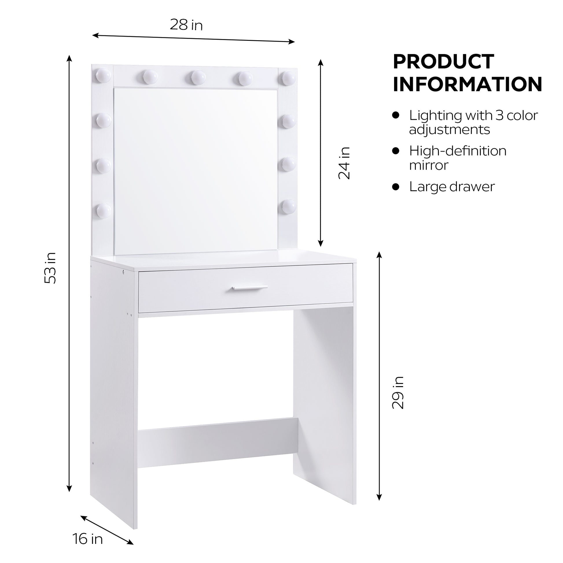 Vanity Desk With Mirror And Lights, Dressing Table With Large Drawer, 1 Level Storage Dresser & 3 Lighting Modes Adjustable Brightness, Suitable For Bedroom White White Particle Board