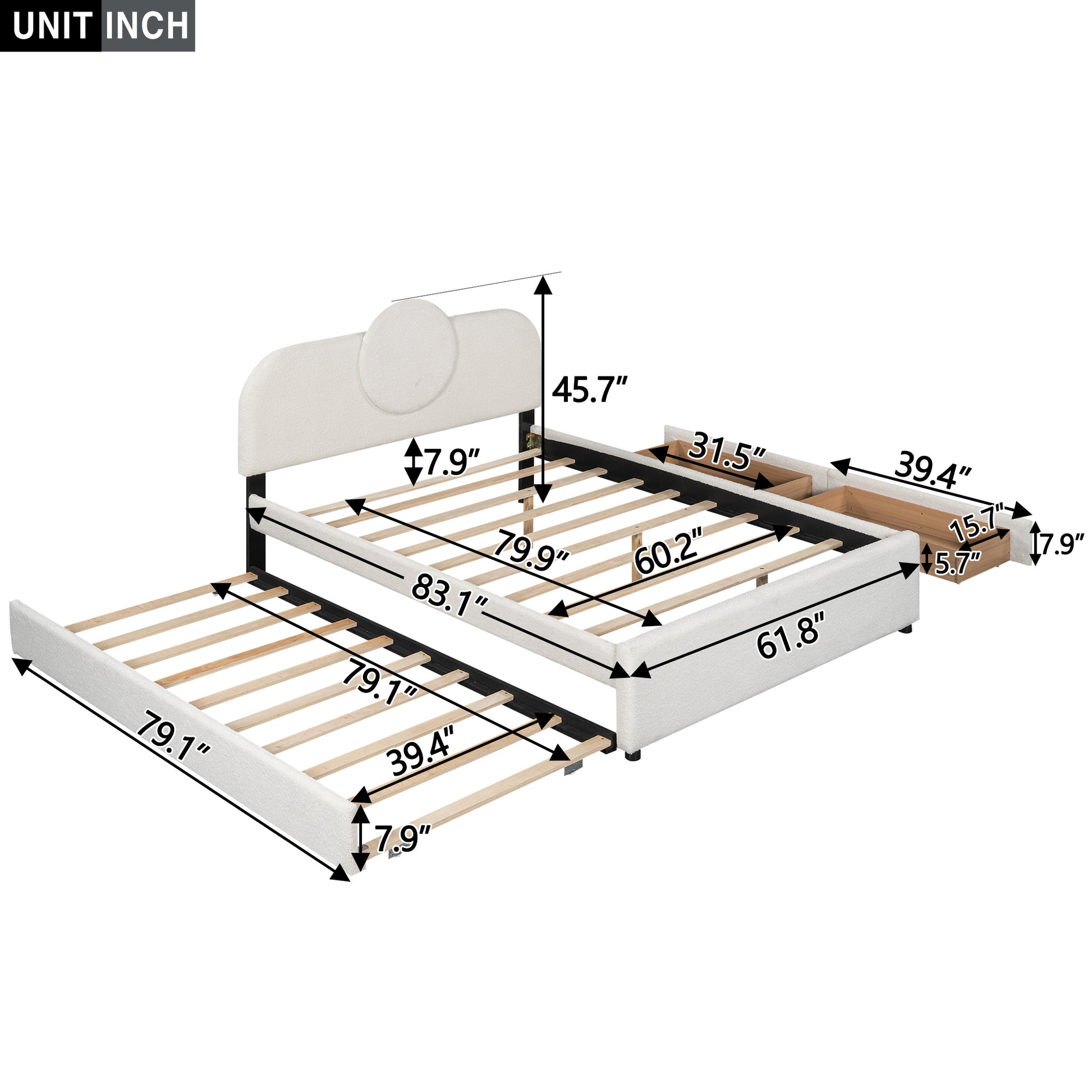 Queen Size Upholstered Platform Bed With Multi Functional Headboard, Trundle And 2 Drawers, White Box Spring Not Required Queen White Wood Bedroom Upholstered