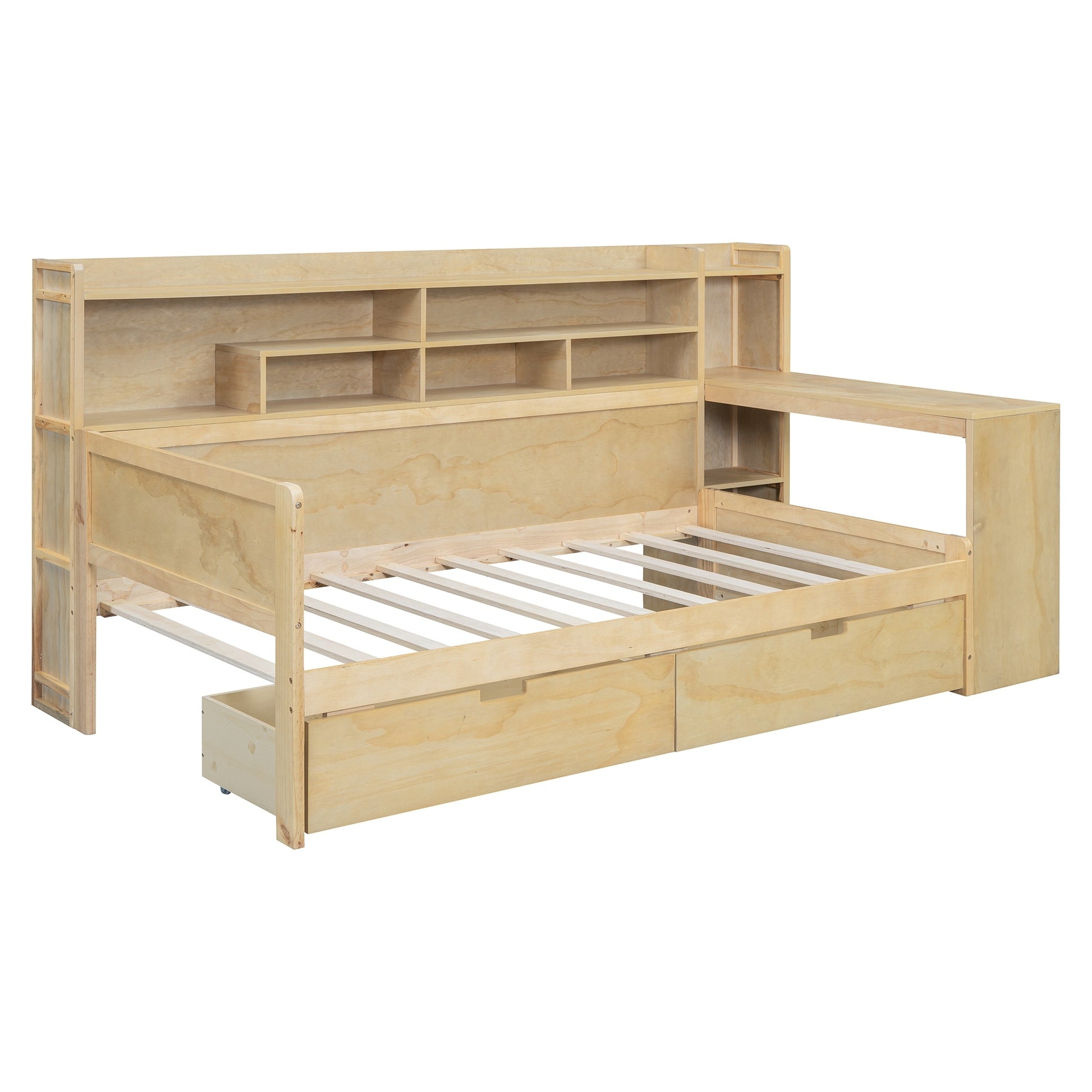 Wooden Twin Size Daybed With Storage Shelves, Multi Functional Bed With Two Storage Drawers And Study Desk, Natural Twin Natural Wood