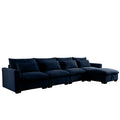 Large L Shape Sectional Corduroy Sofa,Deep Seat Couch With Storage Footstool And 4 Waist Pillows, Blue Blue Corduroy 4 Seat