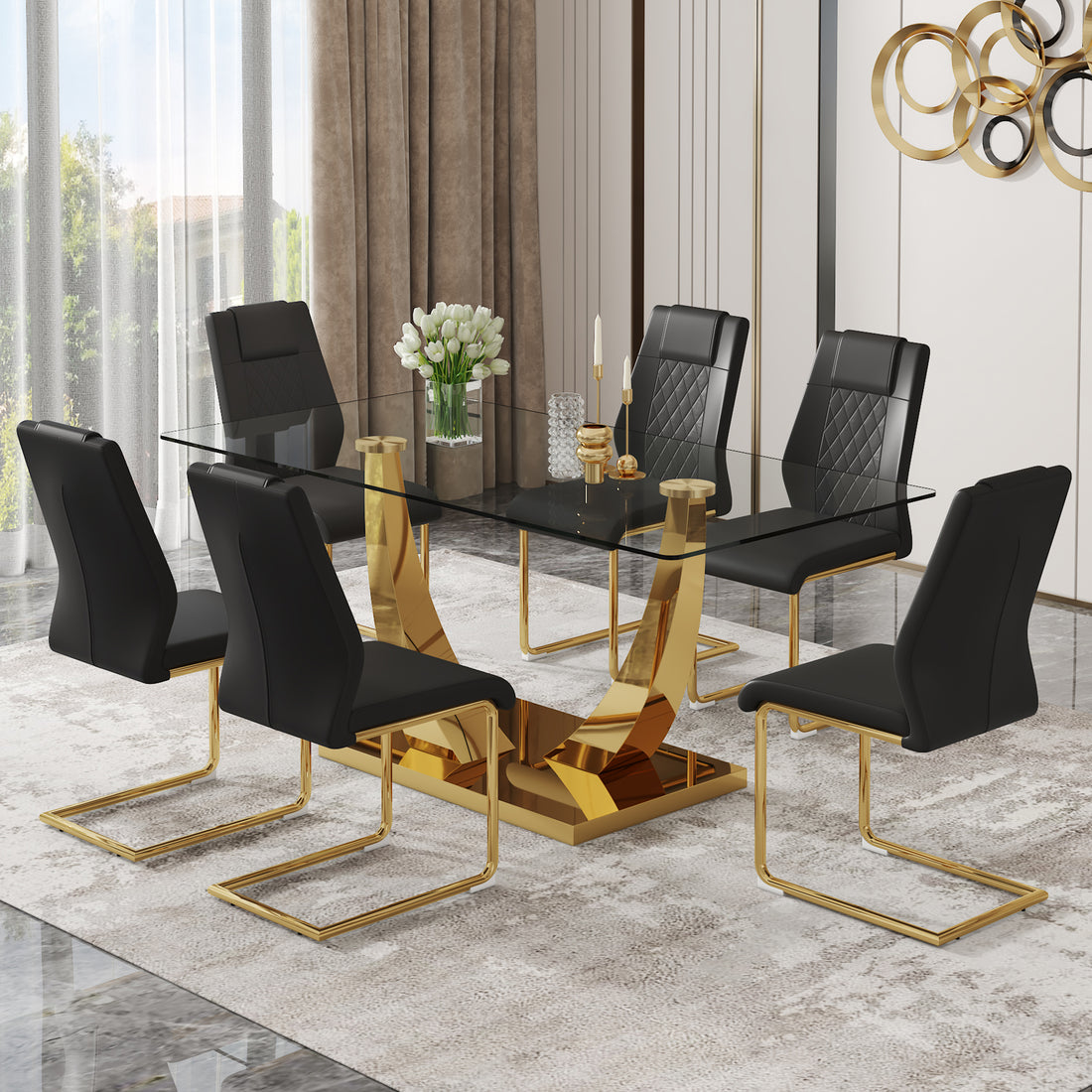 Table And Chair Set.Modern Rectangular Dining Table With Transparent Tempered Glass Tabletop And Gold Plated Metal Legs.Paried With 6 Comfortable Chairs With Pu Seats And Golden Metal Legs. Black Gold,Transparent Seats 6 Glass Metal